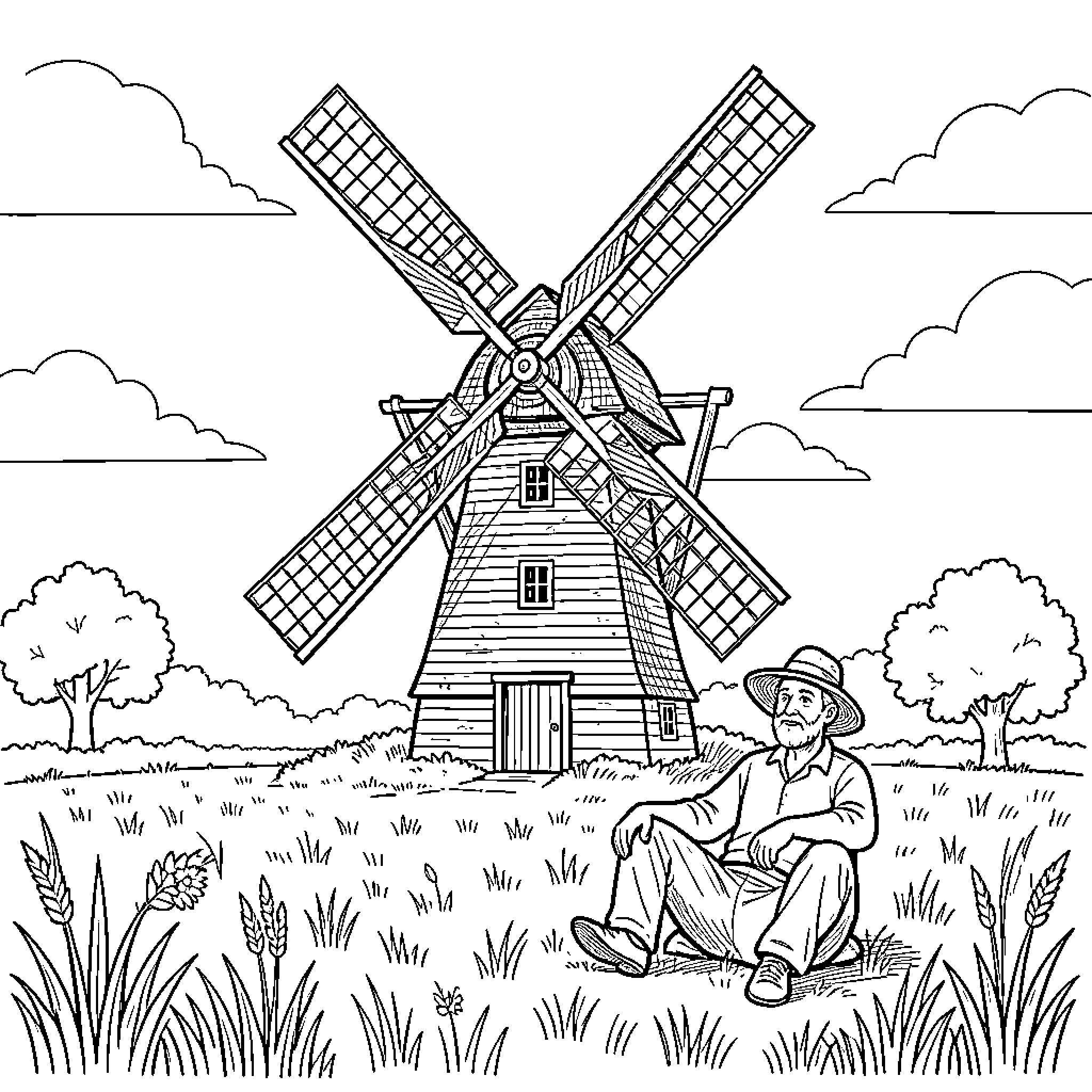 Moulin standing tall behind a man resting in field Coloring Page (free black-and-white line drawing printable PDF for all, from beginners to advanced learners, including children, teens, adults, and seniors)