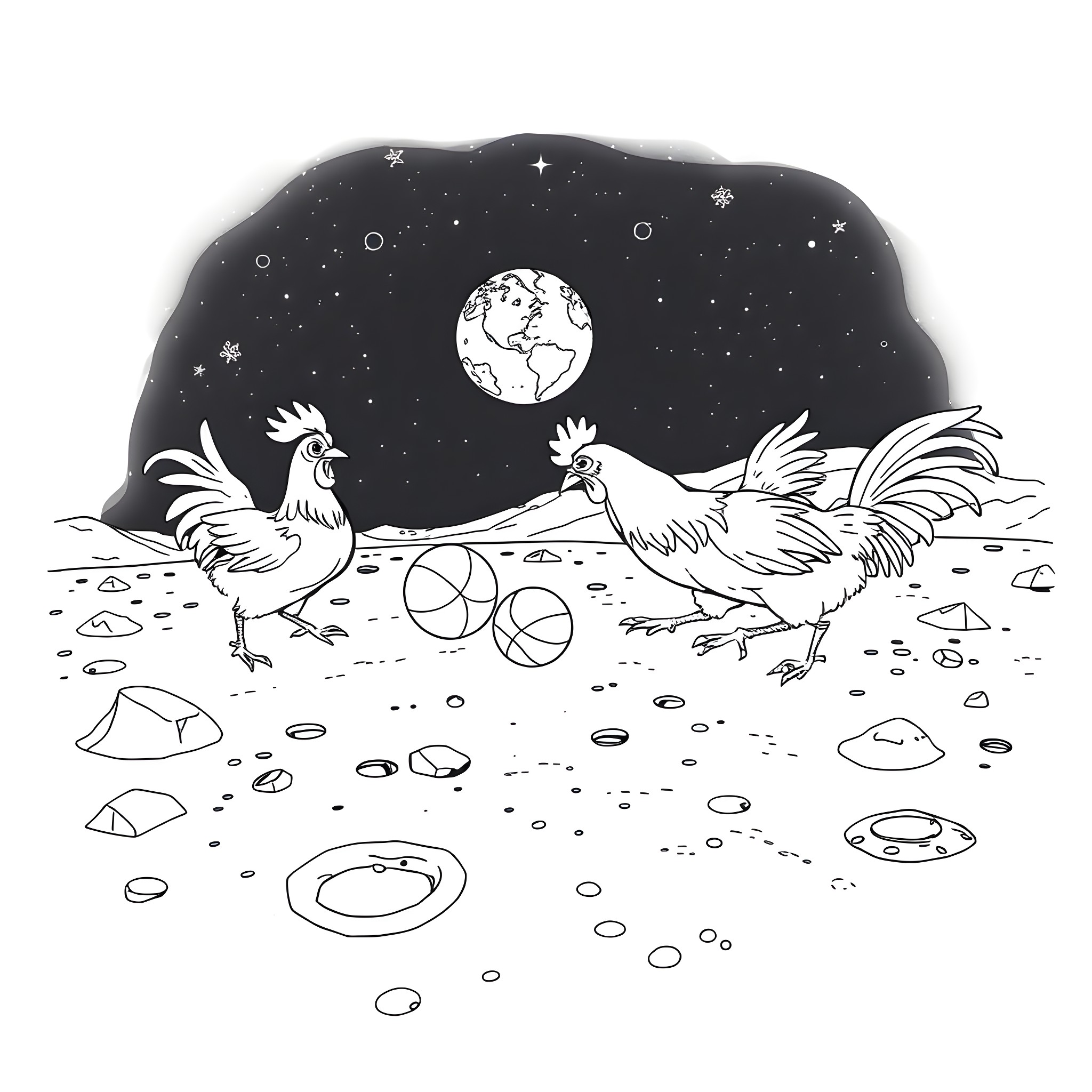 Chickens exploring the cosmic landscape Coloring Page (free black-and-white line drawing printable PDF for all, from beginners to advanced learners, including children, teens, adults, and seniors)