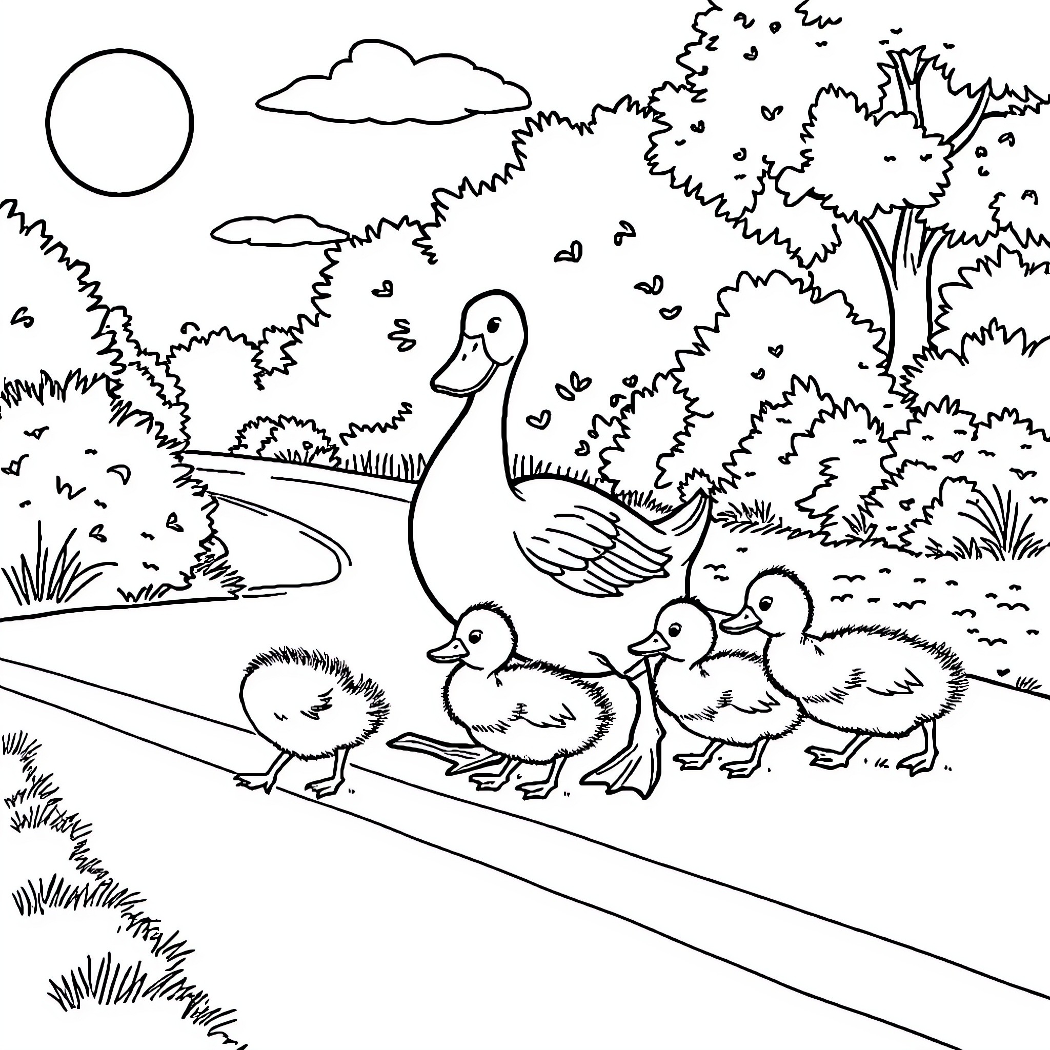 Duck Family Strolling Through Nature Coloring Page (free black-and-white line drawing printable PDF for all, from beginners to advanced learners, including children, teens, adults, and seniors)