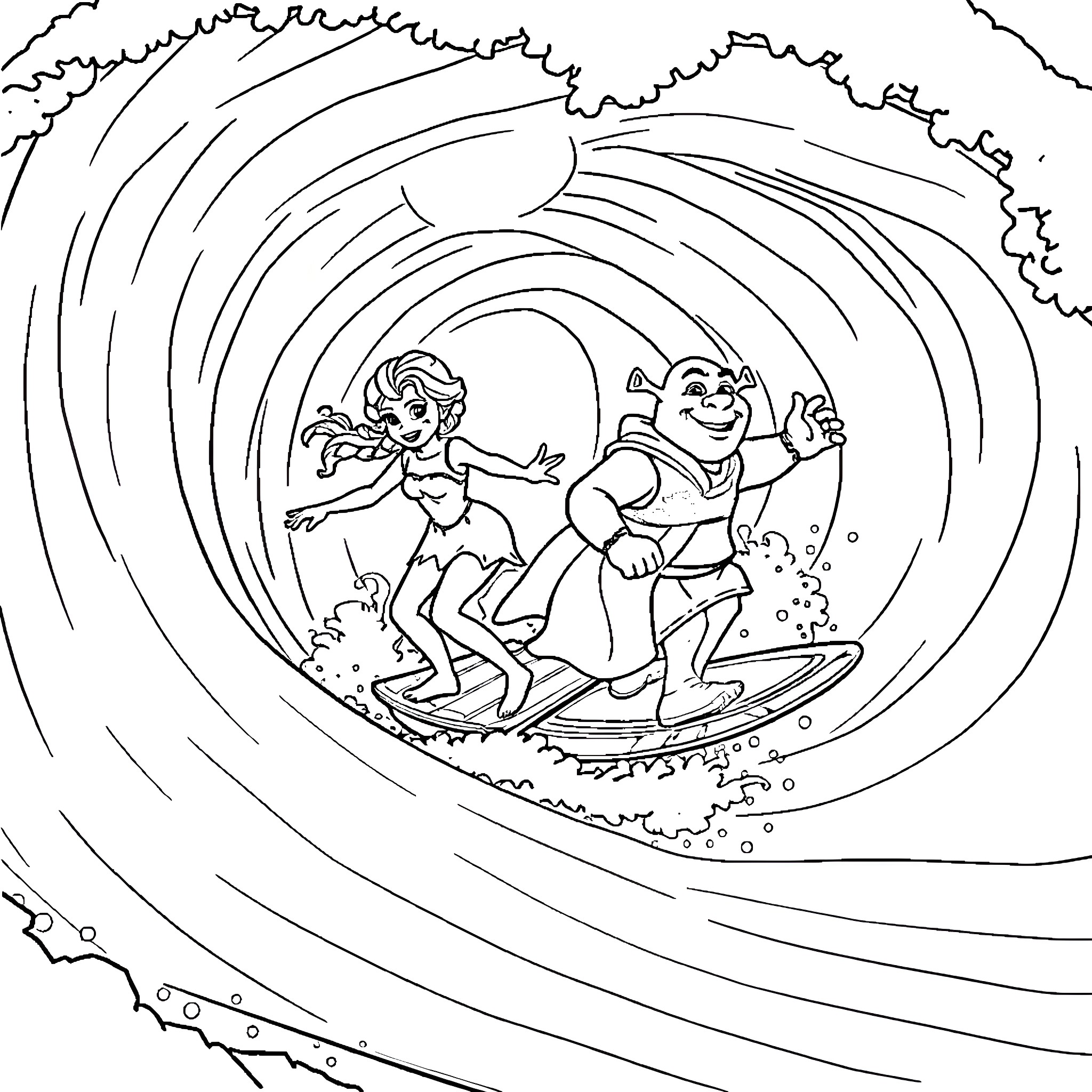 Elsa and Shrek Surfing Through Waves Coloring Page (free black-and-white line drawing printable PDF for all, from beginners to advanced learners, including children, teens, adults, and seniors)