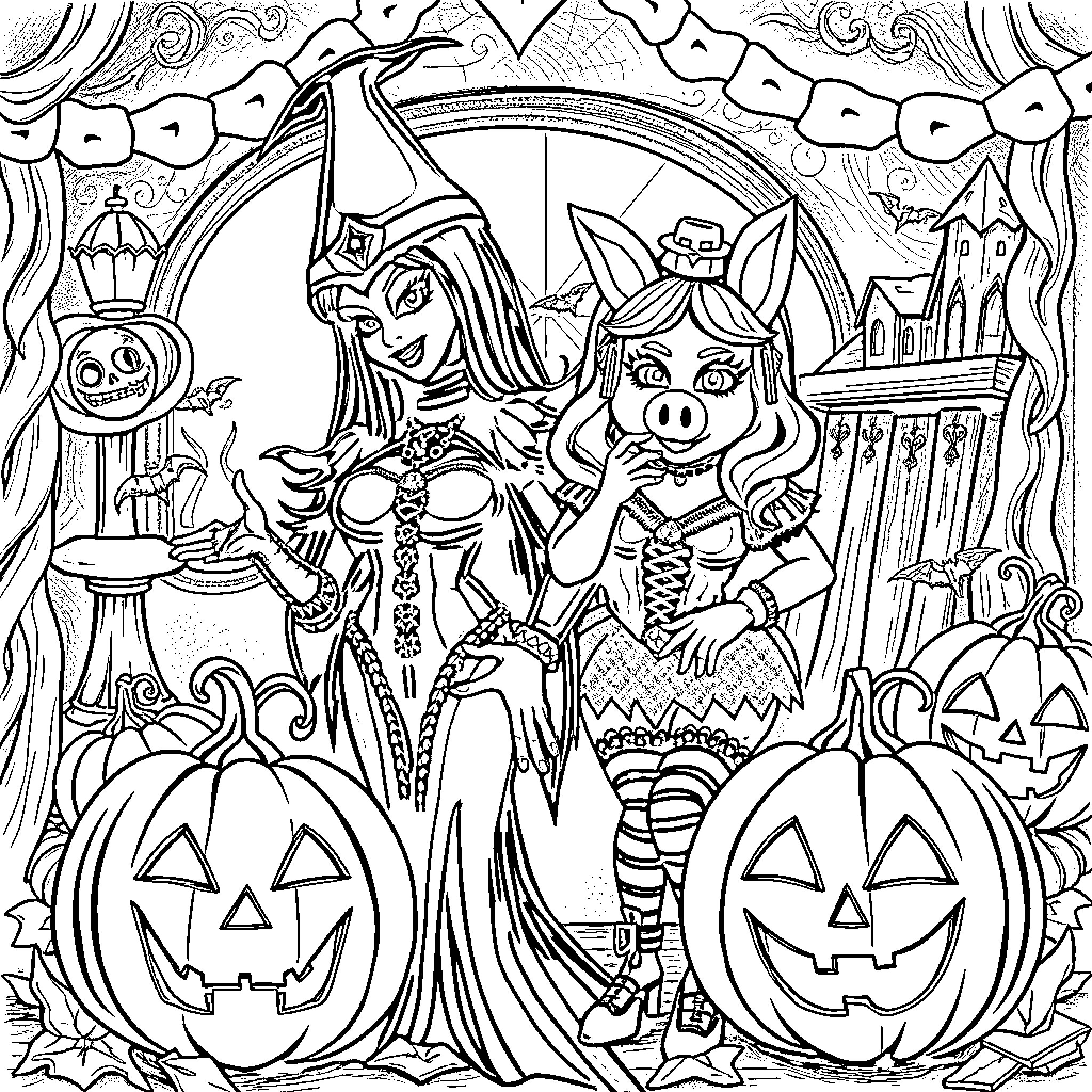 Elvira's Halloween Celebration with Spooky Friends Coloring Page (free black-and-white line drawing printable PDF for all, from beginners to advanced learners, including children, teens, adults, and seniors)