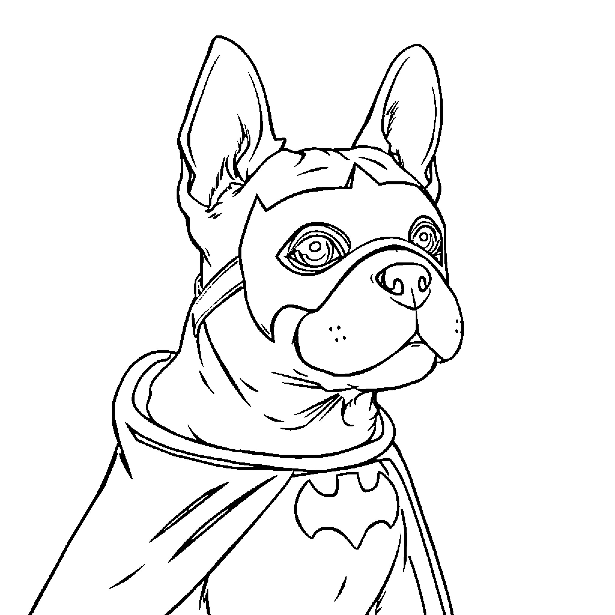 Dog dressed as superhero with quirky expression Coloring Page (free black-and-white line drawing printable PDF for all, from beginners to advanced learners, including children, teens, adults, and seniors)