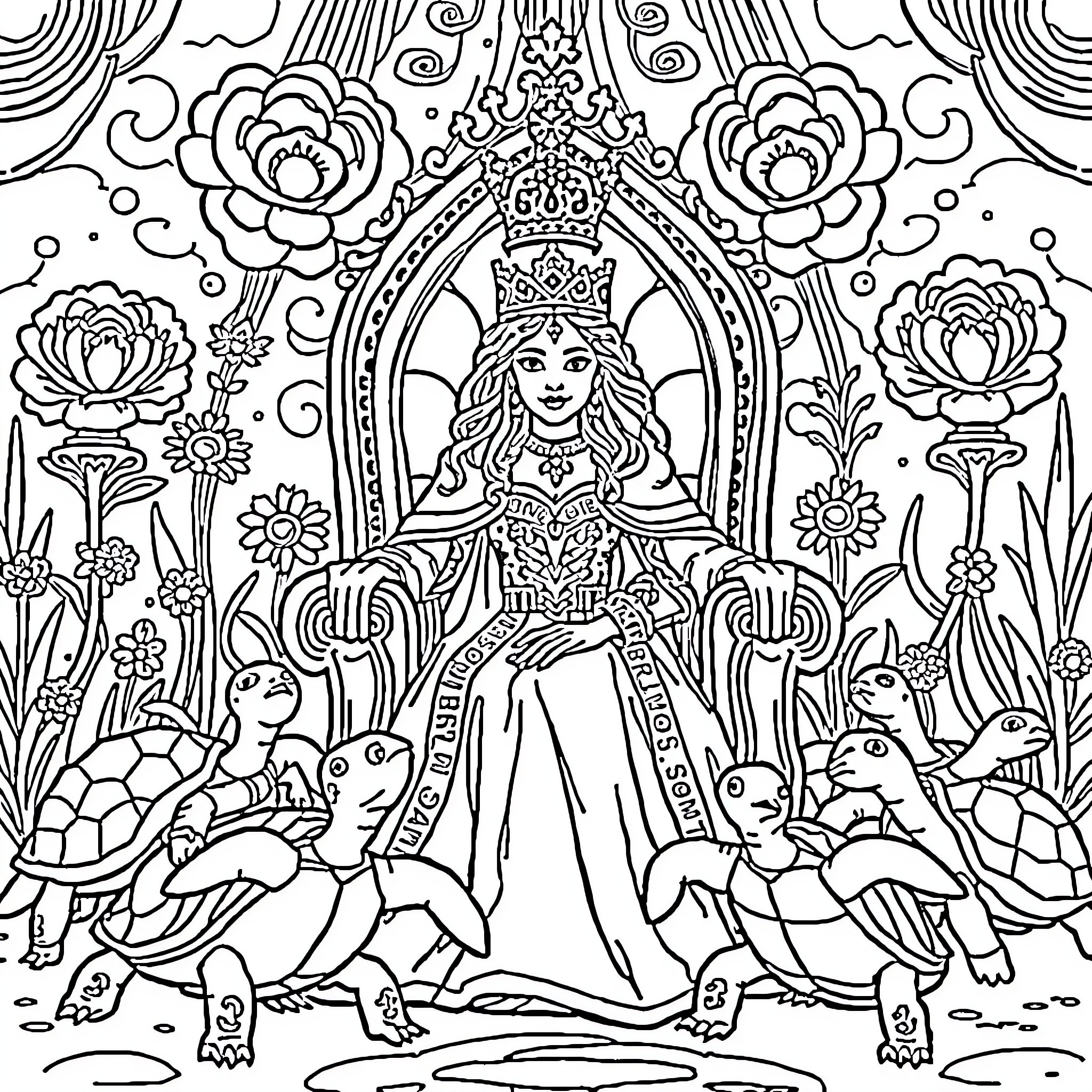 Martin Cirio's Princess Among Nature's Wonders Coloring Page (free black-and-white line drawing printable PDF for all, from beginners to advanced learners, including children, teens, adults, and seniors)