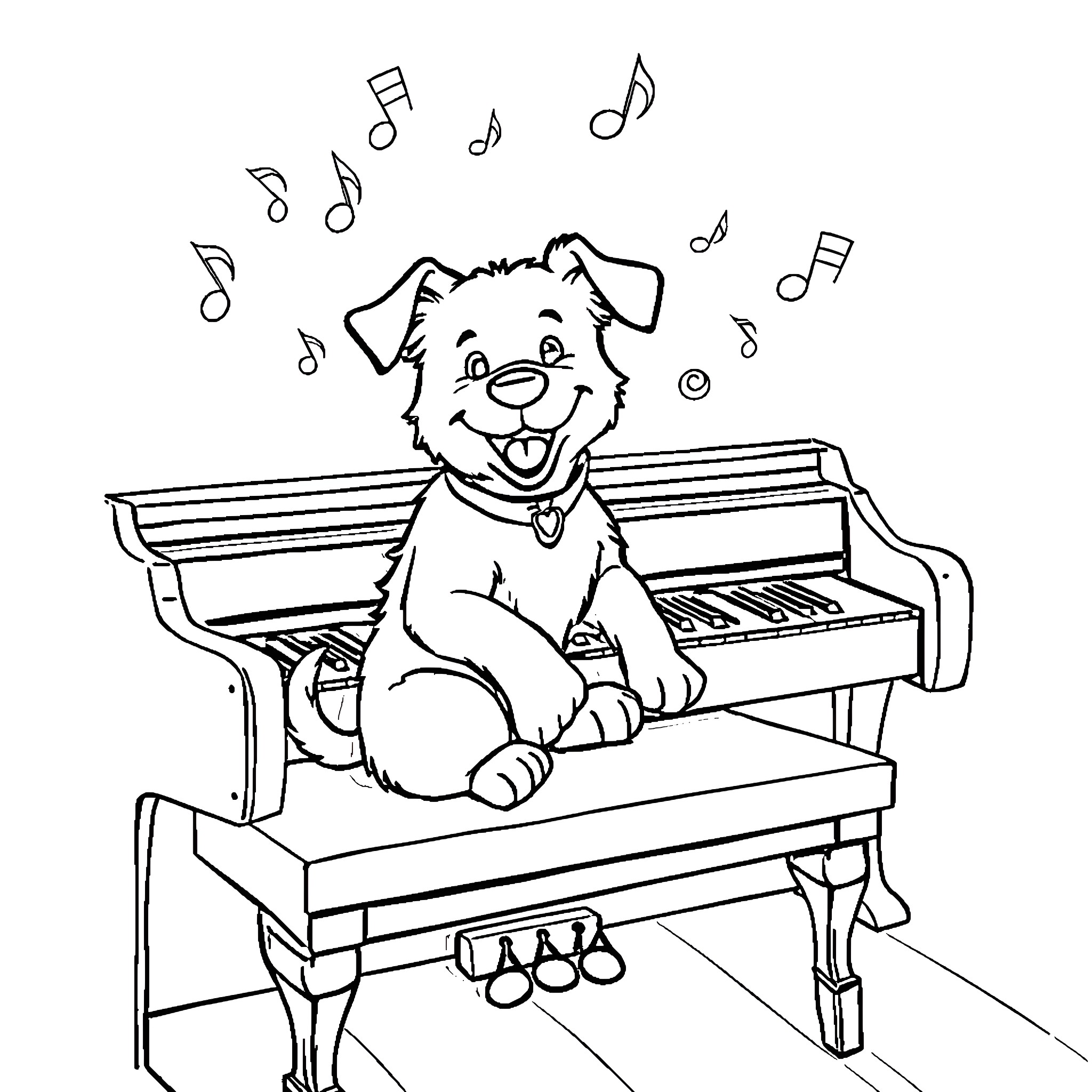 Dog playing joyfully on piano with music notes Coloring Page (free black-and-white line drawing printable PDF for all, from beginners to advanced learners, including children, teens, adults, and seniors)