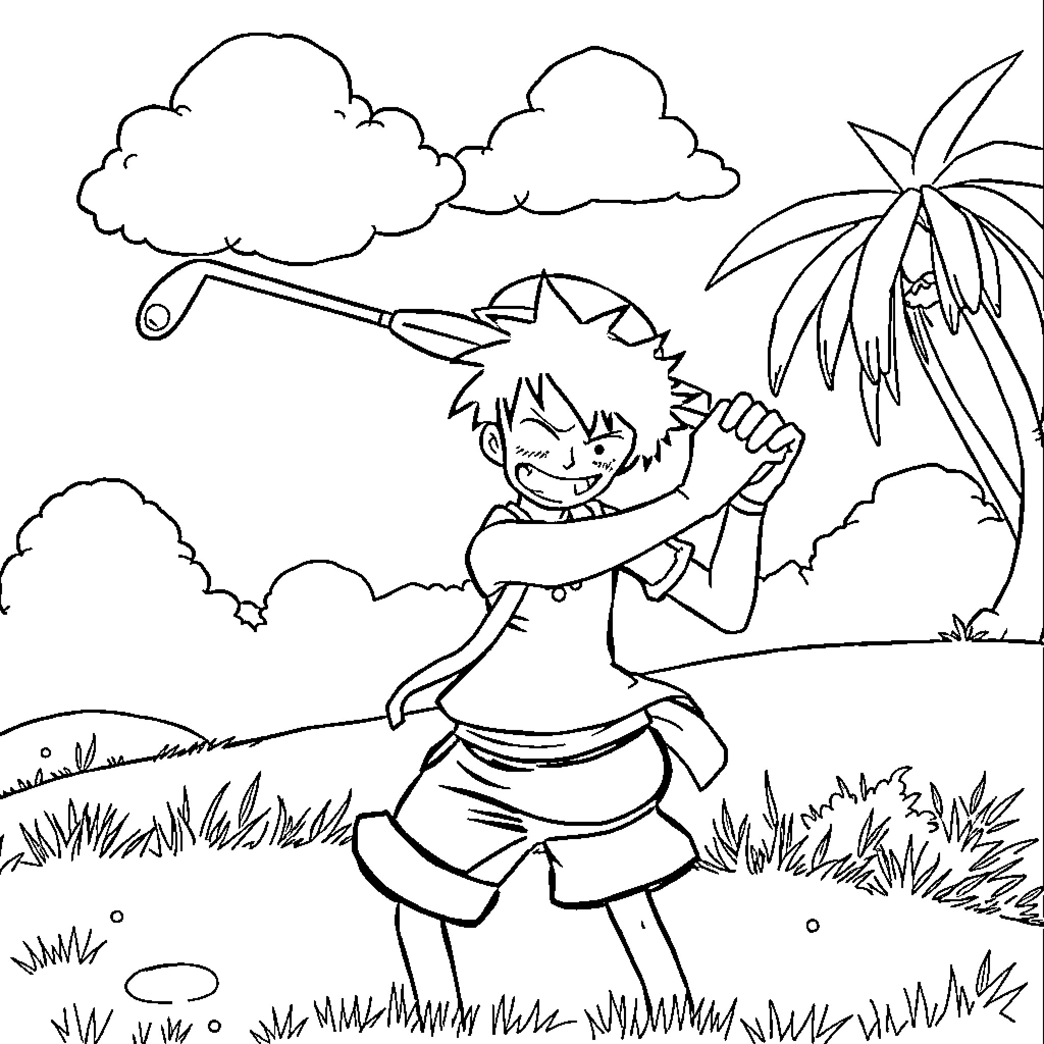 Luffy enjoying a tropical adventure Coloring Page (free black-and-white line drawing printable PDF for all, from beginners to advanced learners, including children, teens, adults, and seniors)