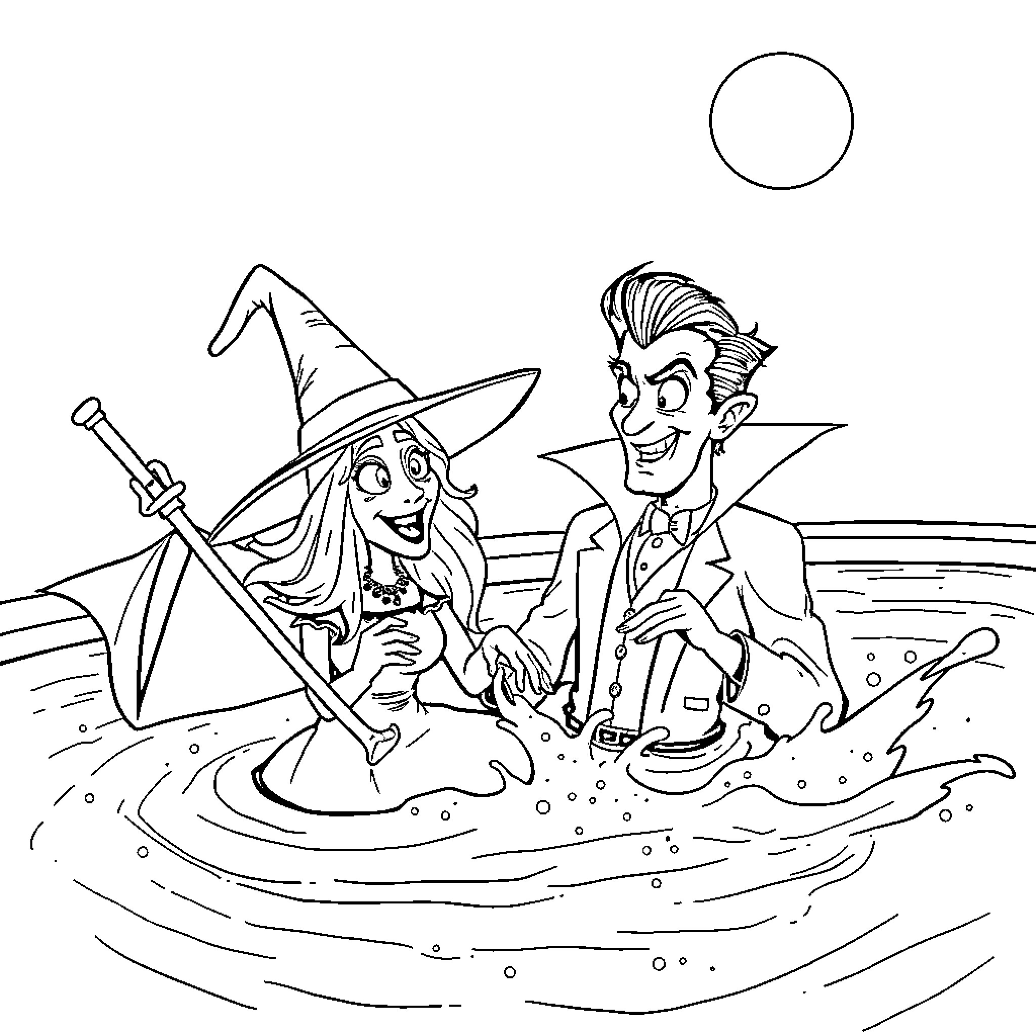 Witch and wizard enjoying a boat ride Coloring Page (free black-and-white line drawing printable PDF for all, from beginners to advanced learners, including children, teens, adults, and seniors)