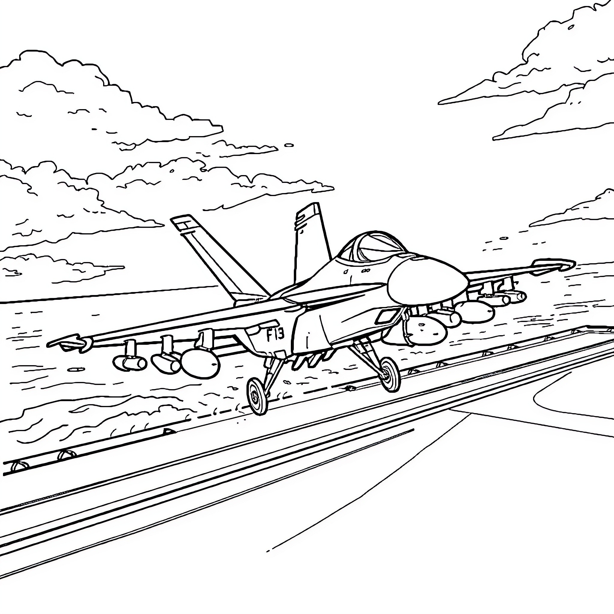 F18 fighter jet soaring through the sky Coloring Page (free black-and-white line drawing printable PDF for all, from beginners to advanced learners, including children, teens, adults, and seniors)