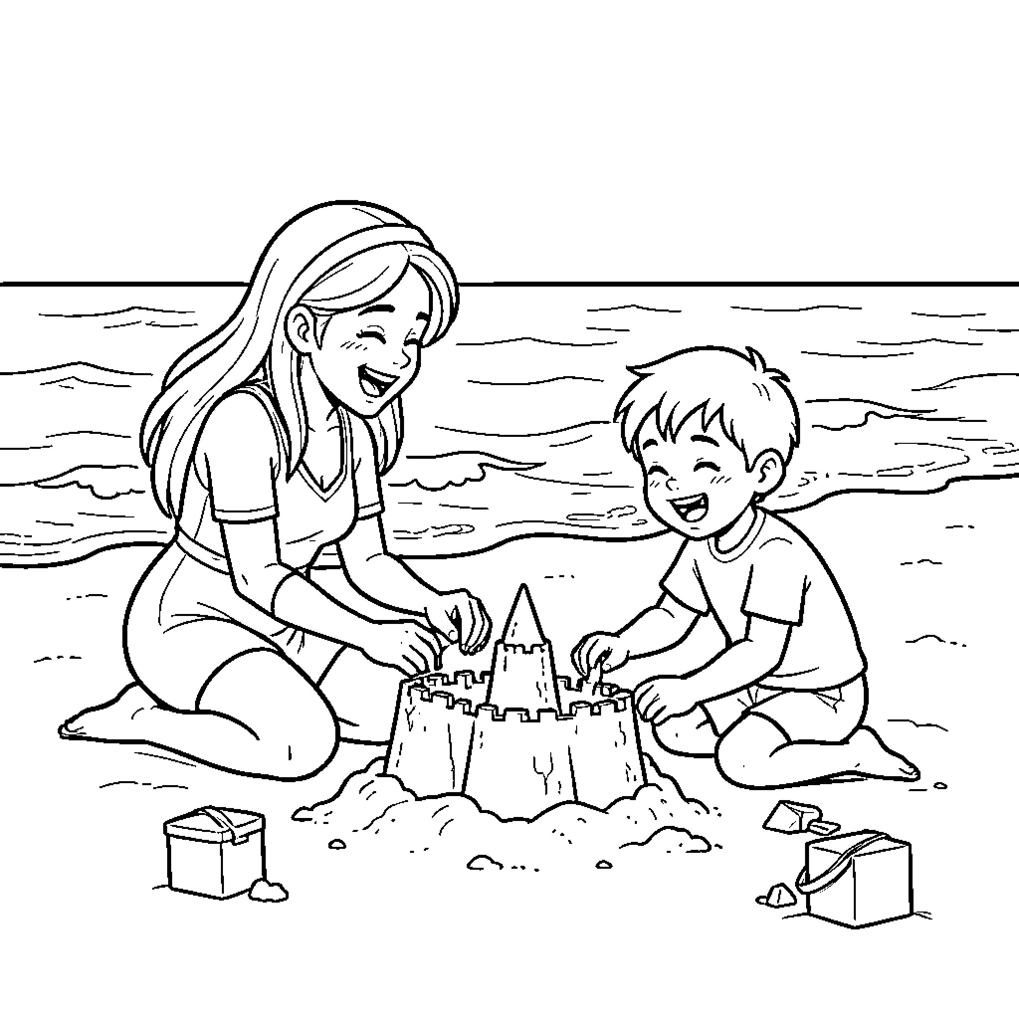 Raïchane building a sandcastle on the beach Coloring Page (free black-and-white line drawing printable PDF for all, from beginners to advanced learners, including children, teens, adults, and seniors)