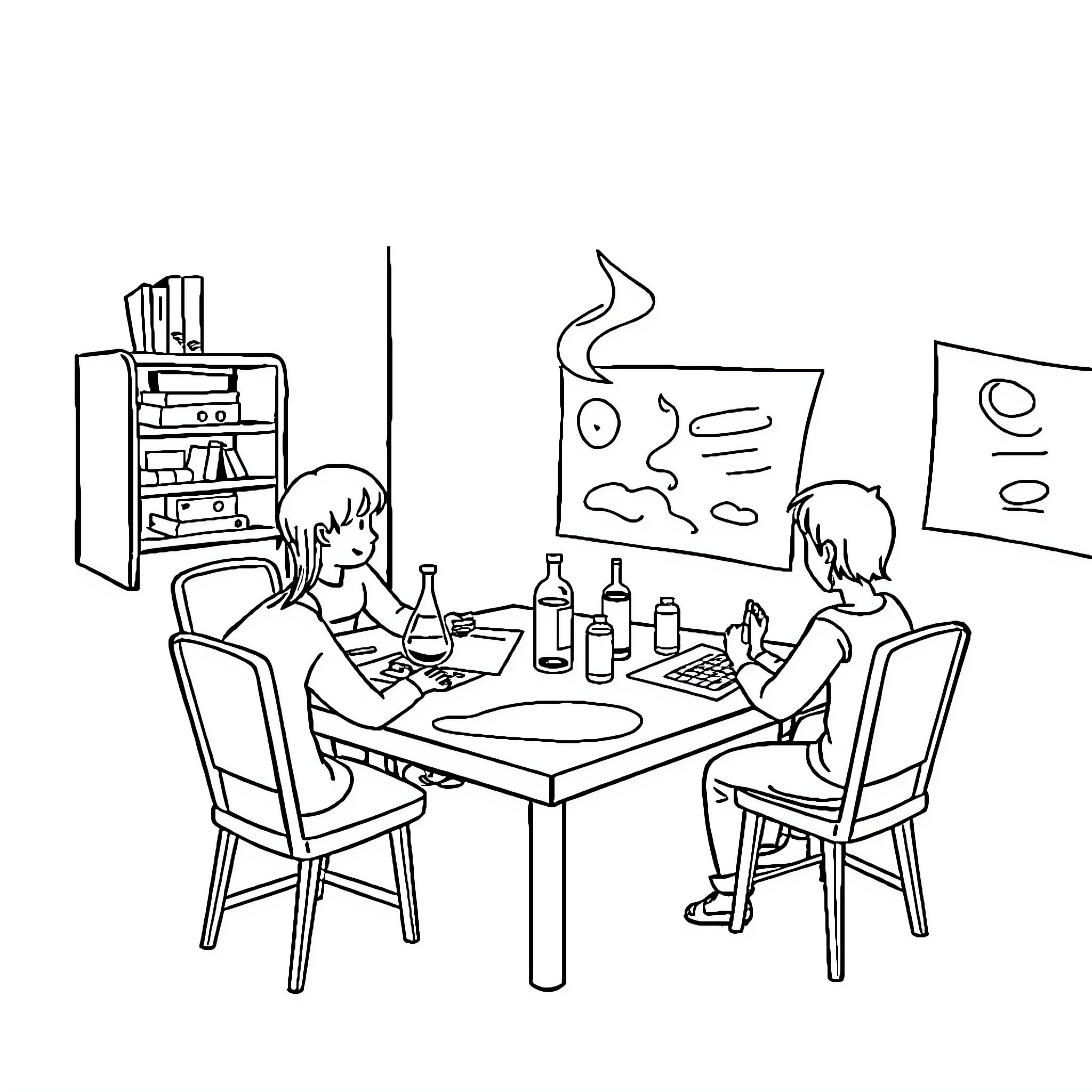 Physics Chemistry Lab Workspace with Researchers Coloring Page (free black-and-white line drawing printable PDF for all, from beginners to advanced learners, including children, teens, adults, and seniors)