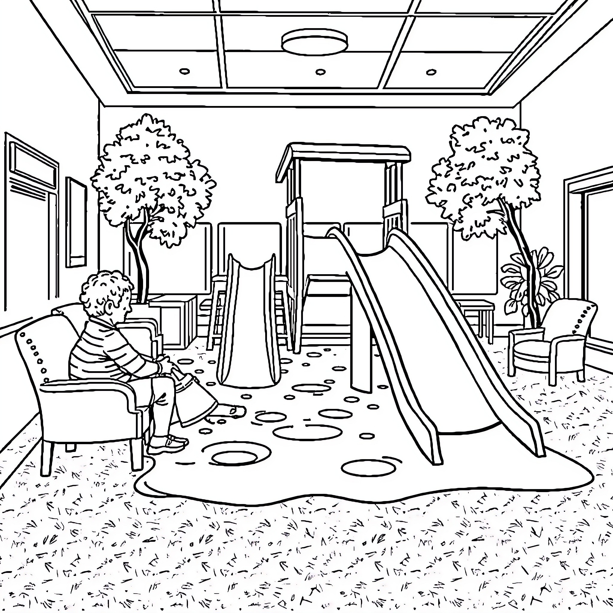 Nursing Home Playroom with Children Playing and Slides Coloring Page (free black-and-white line drawing printable PDF for all, from beginners to advanced learners, including children, teens, adults, and seniors)