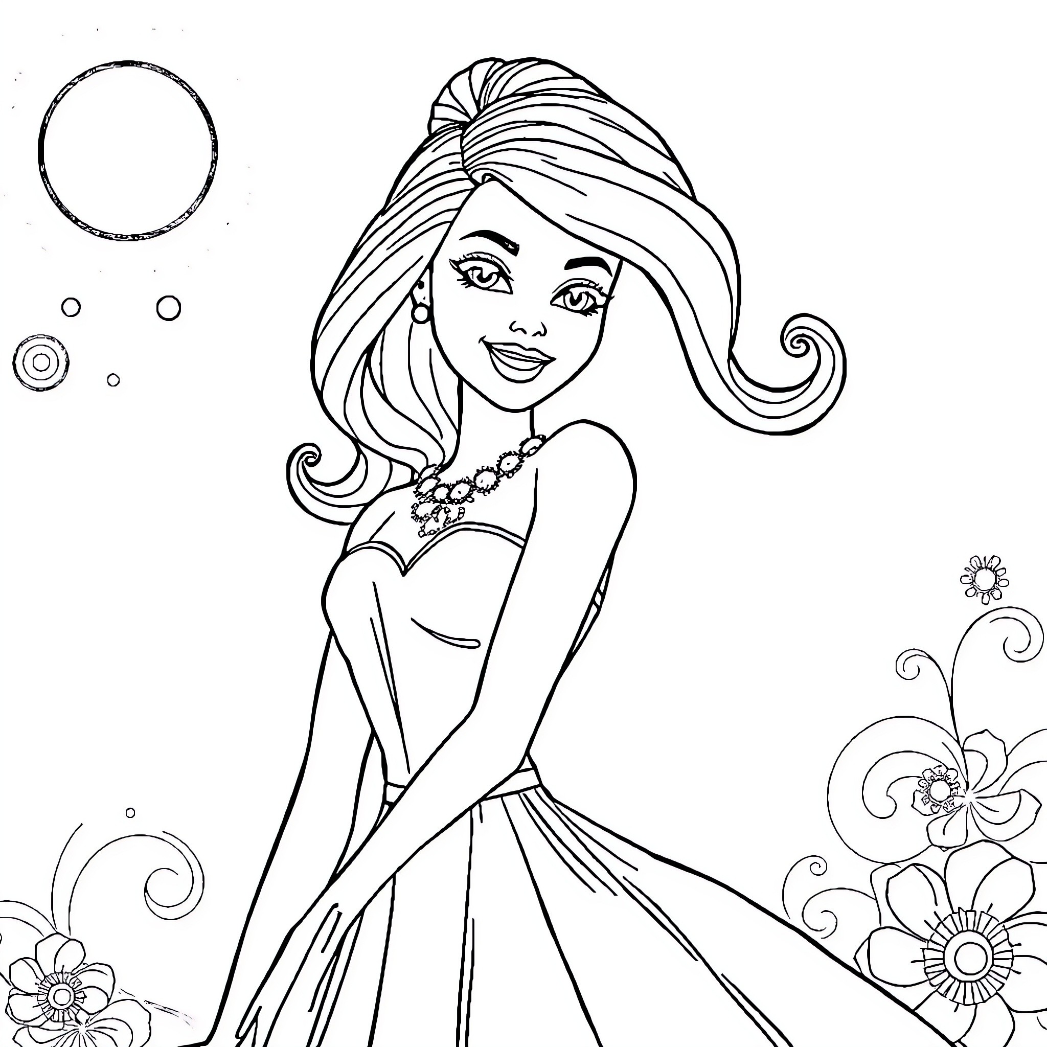 Barbie posing gracefully in a flower-filled scene Coloring Page (free black-and-white line drawing printable PDF for all, from beginners to advanced learners, including children, teens, adults, and seniors)