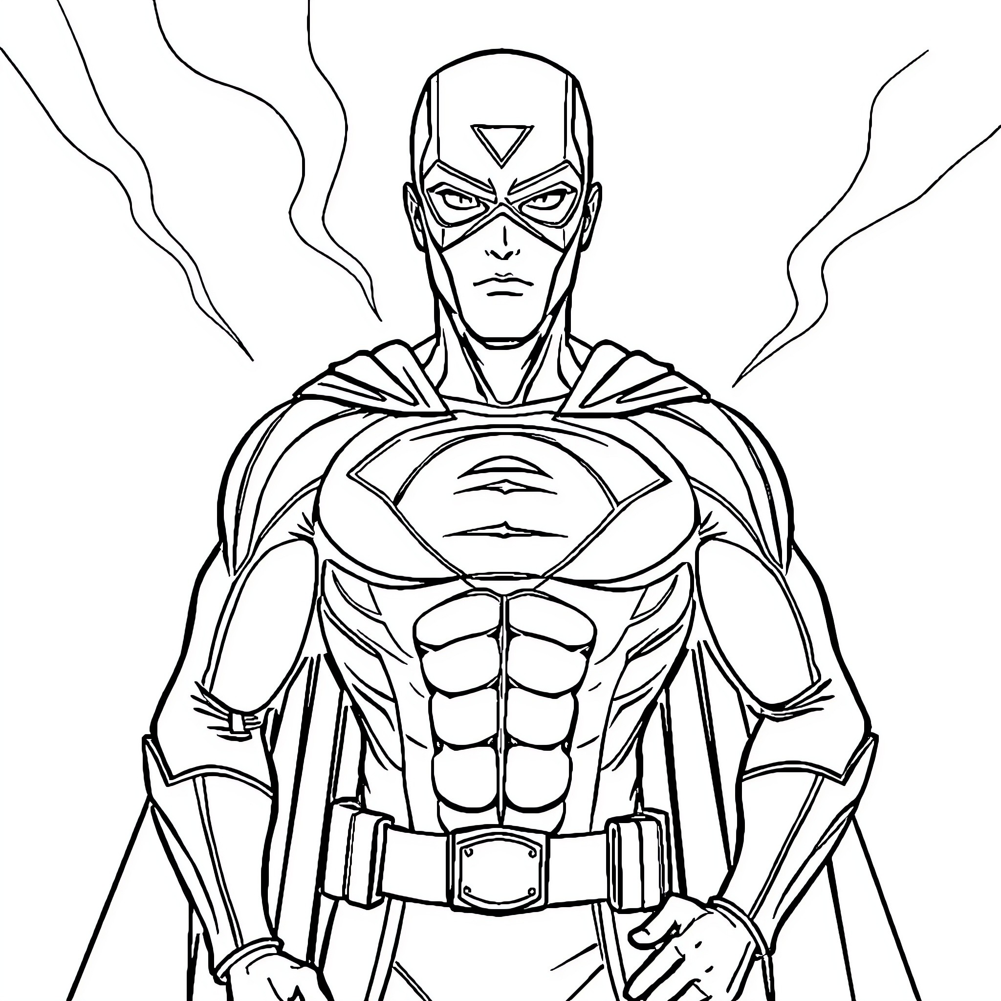 Superhero in Heroic Pose with Intense Expression Coloring Page (free black-and-white line drawing printable PDF for all, from beginners to advanced learners, including children, teens, adults, and seniors)