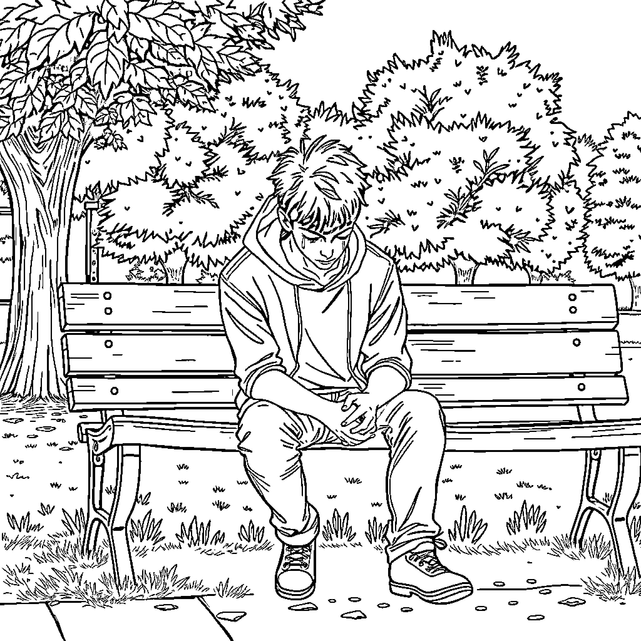 Guy sitting alone on a park bench Coloring Page (free black-and-white line drawing printable PDF for all, from beginners to advanced learners, including children, teens, adults, and seniors)