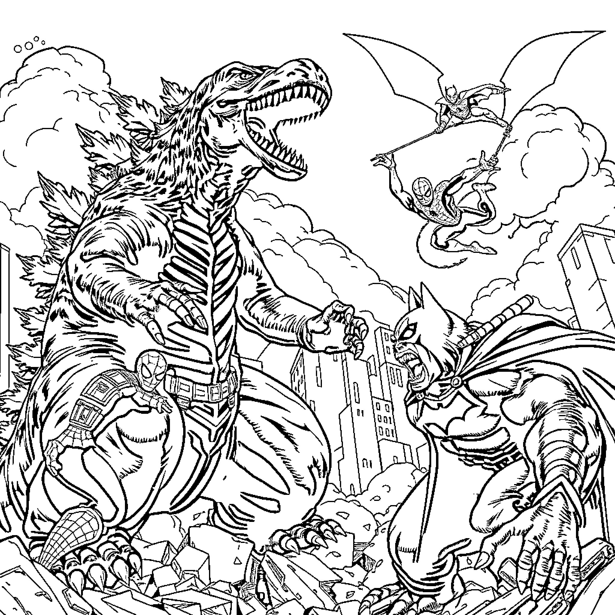 Godzilla and Dragon Fighting in Destroyed City Coloring Page (free black-and-white line drawing printable PDF for all, from beginners to advanced learners, including children, teens, adults, and seniors)