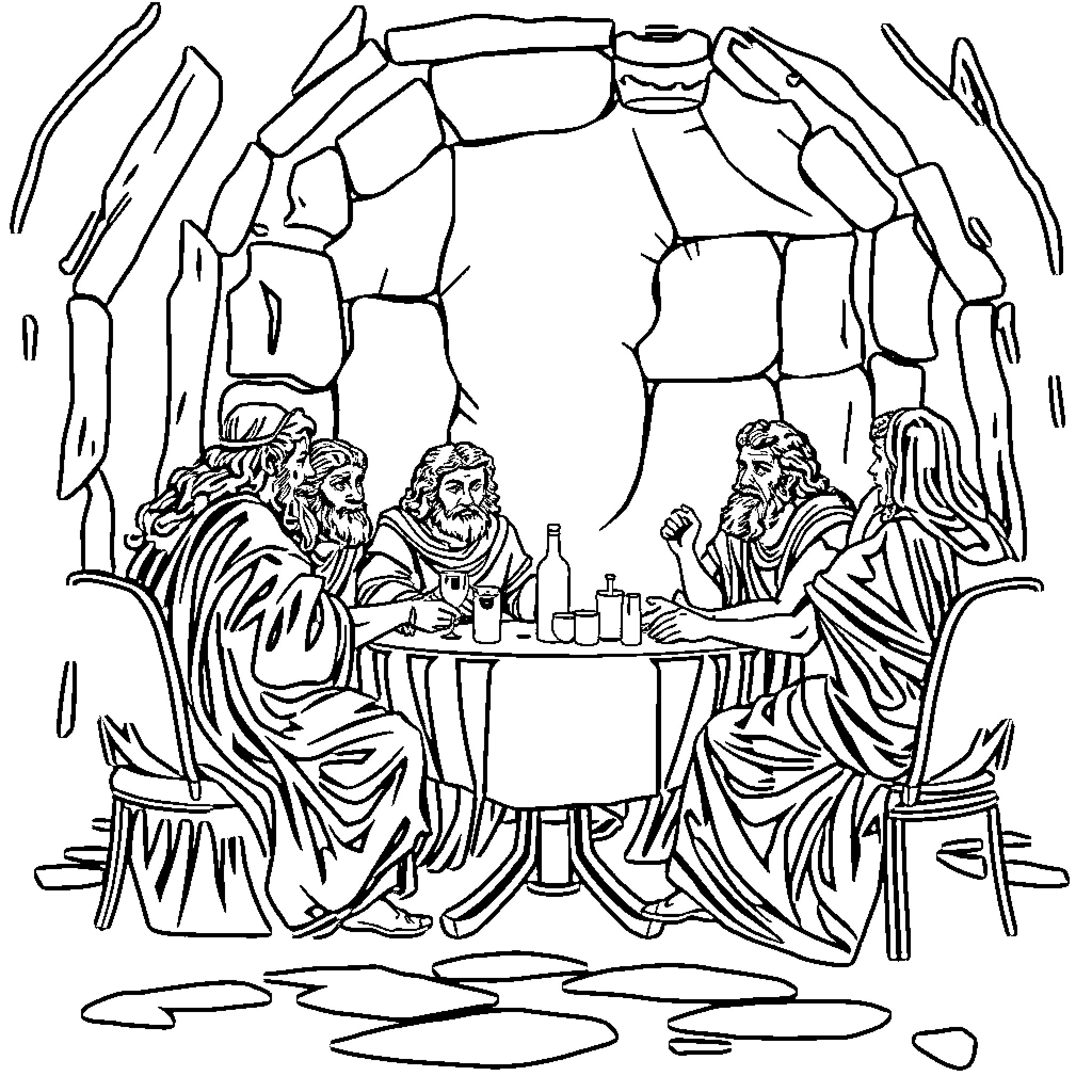 Pythagoras Philosophers Engaged in Intellectual Discourse Coloring Page (free black-and-white line drawing printable PDF for all, from beginners to advanced learners, including children, teens, adults, and seniors)