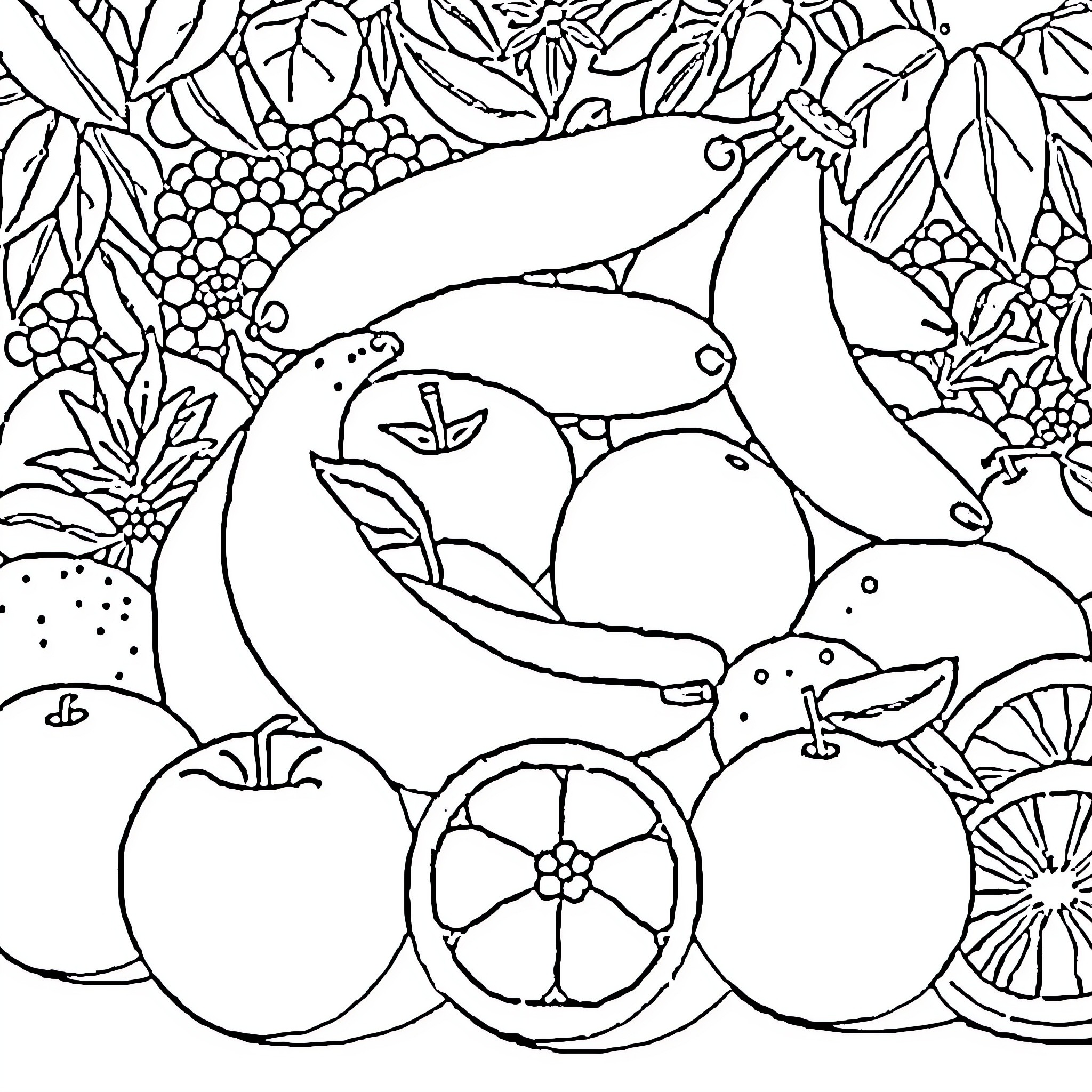 Fruit and Nature Illustration Coloring Page (free black-and-white line drawing printable PDF for all, from beginners to advanced learners, including children, teens, adults, and seniors)