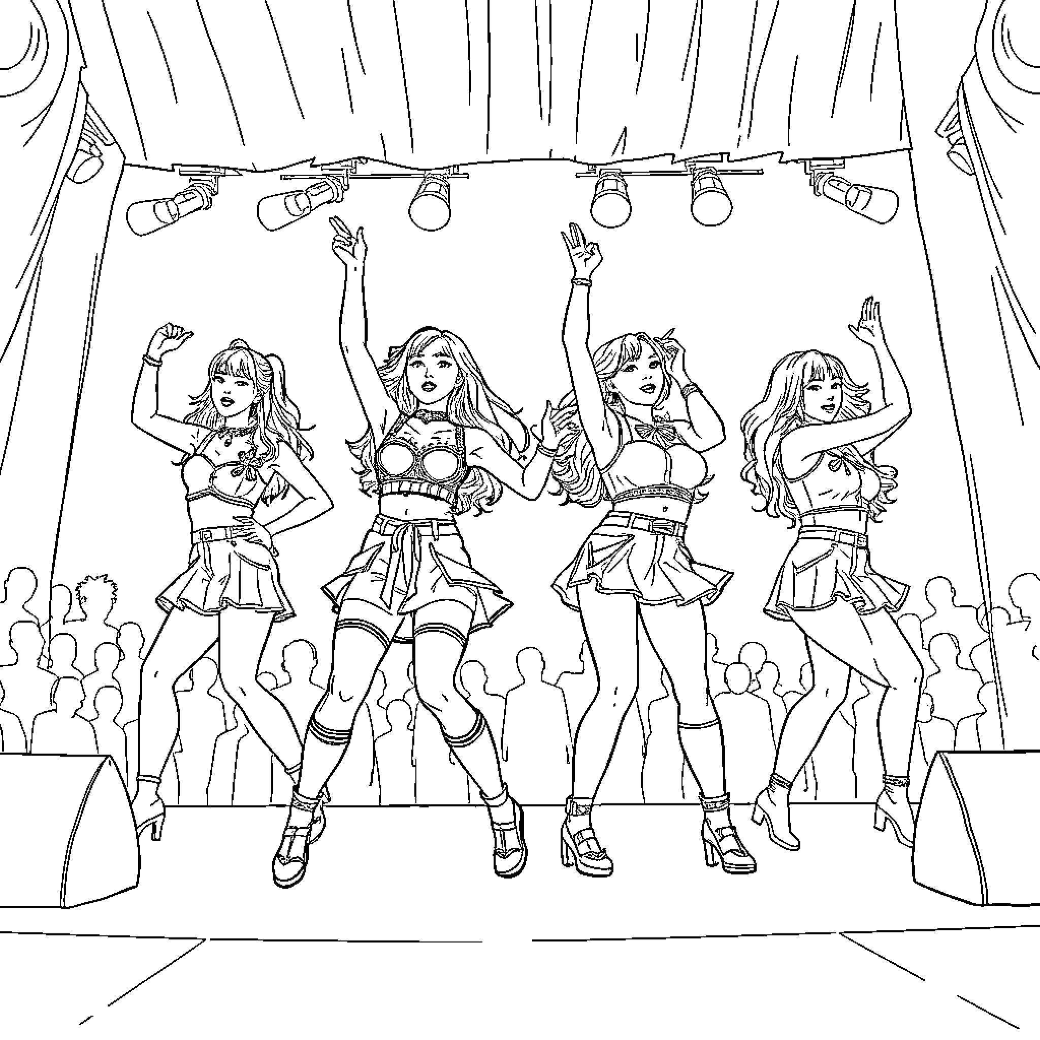 K Pop Warrior Performers Energetically on Stage Coloring Page (free black-and-white line drawing printable PDF for all, from beginners to advanced learners, including children, teens, adults, and seniors)