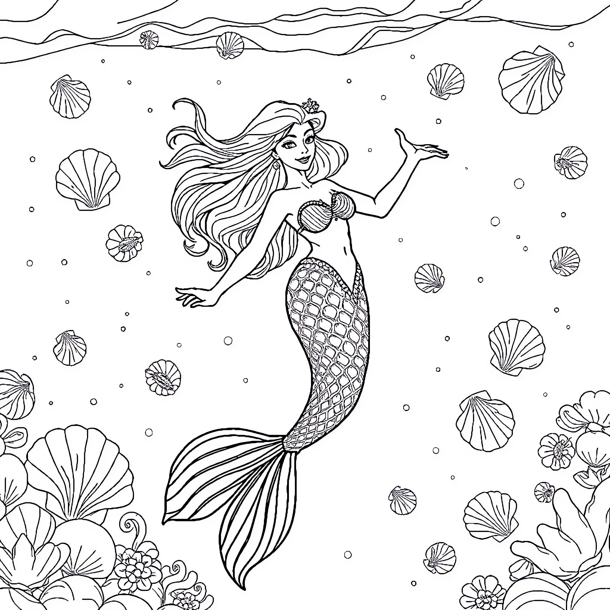 Mermaid swimming amidst sea shells and coral Coloring Page (free black-and-white line drawing printable PDF for all, from beginners to advanced learners, including children, teens, adults, and seniors)