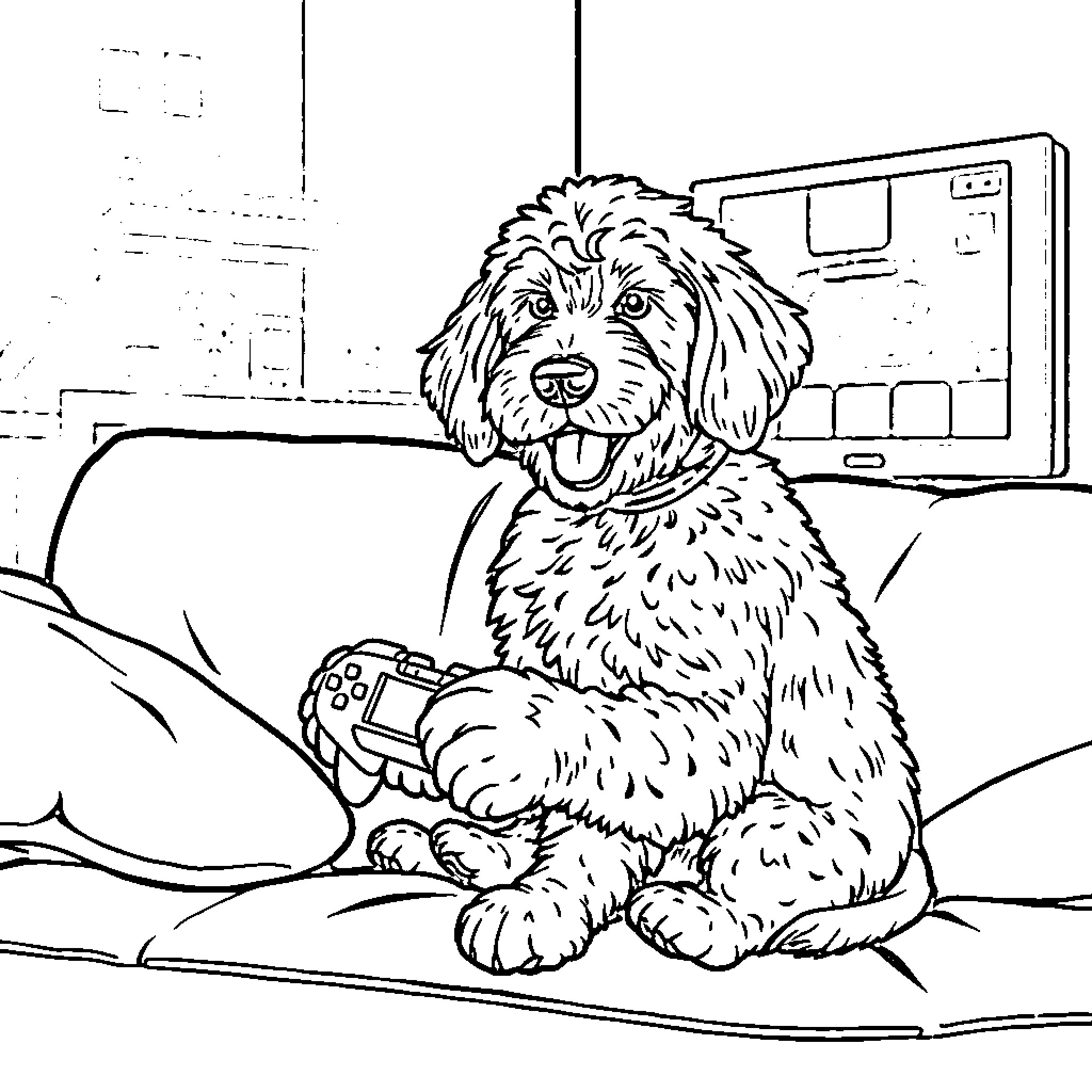 Goldendoodle playing with video game controller Coloring Page (free black-and-white line drawing printable PDF for all, from beginners to advanced learners, including children, teens, adults, and seniors)
