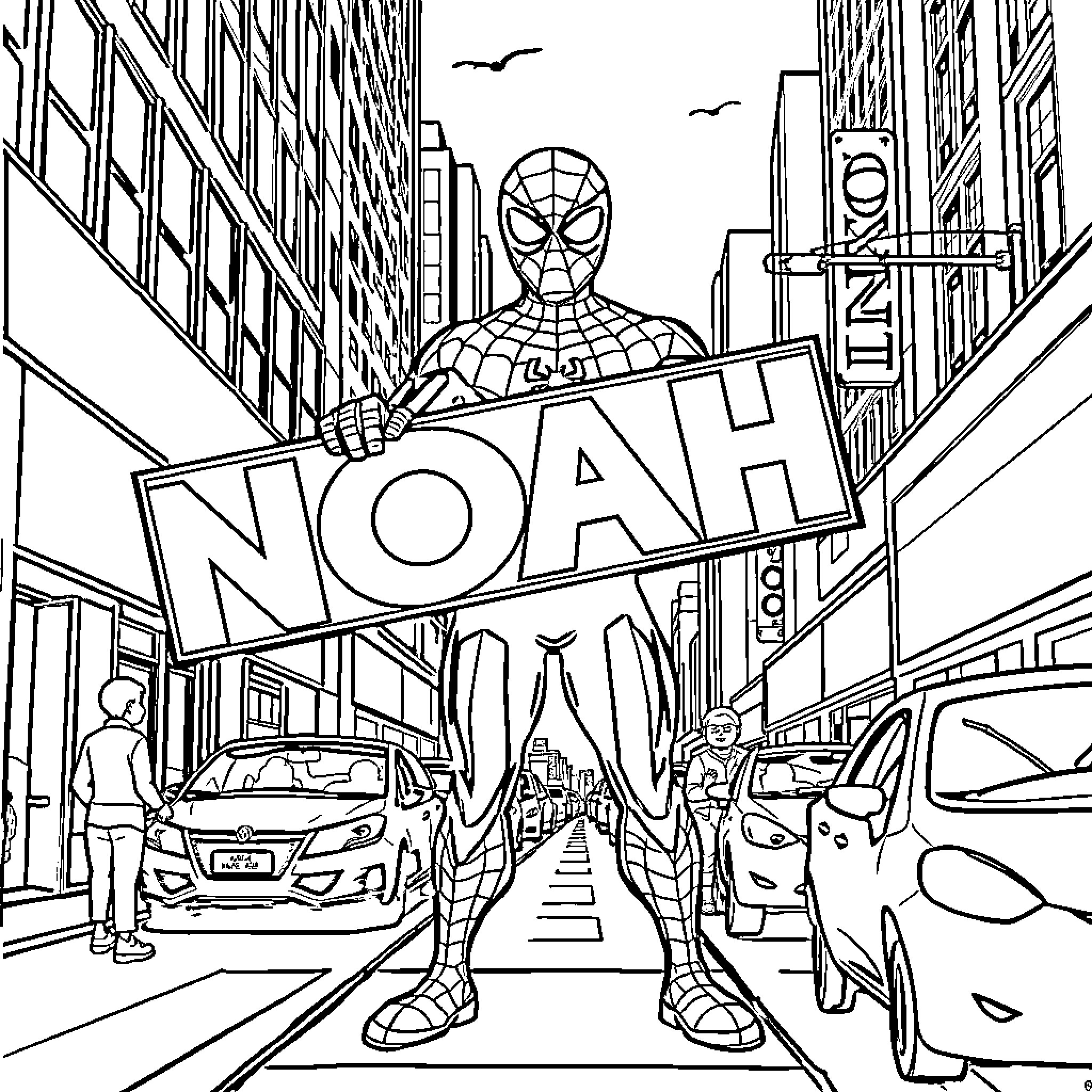 Spiderman Saving the City from Peril Coloring Page (free black-and-white line drawing printable PDF for all, from beginners to advanced learners, including children, teens, adults, and seniors)