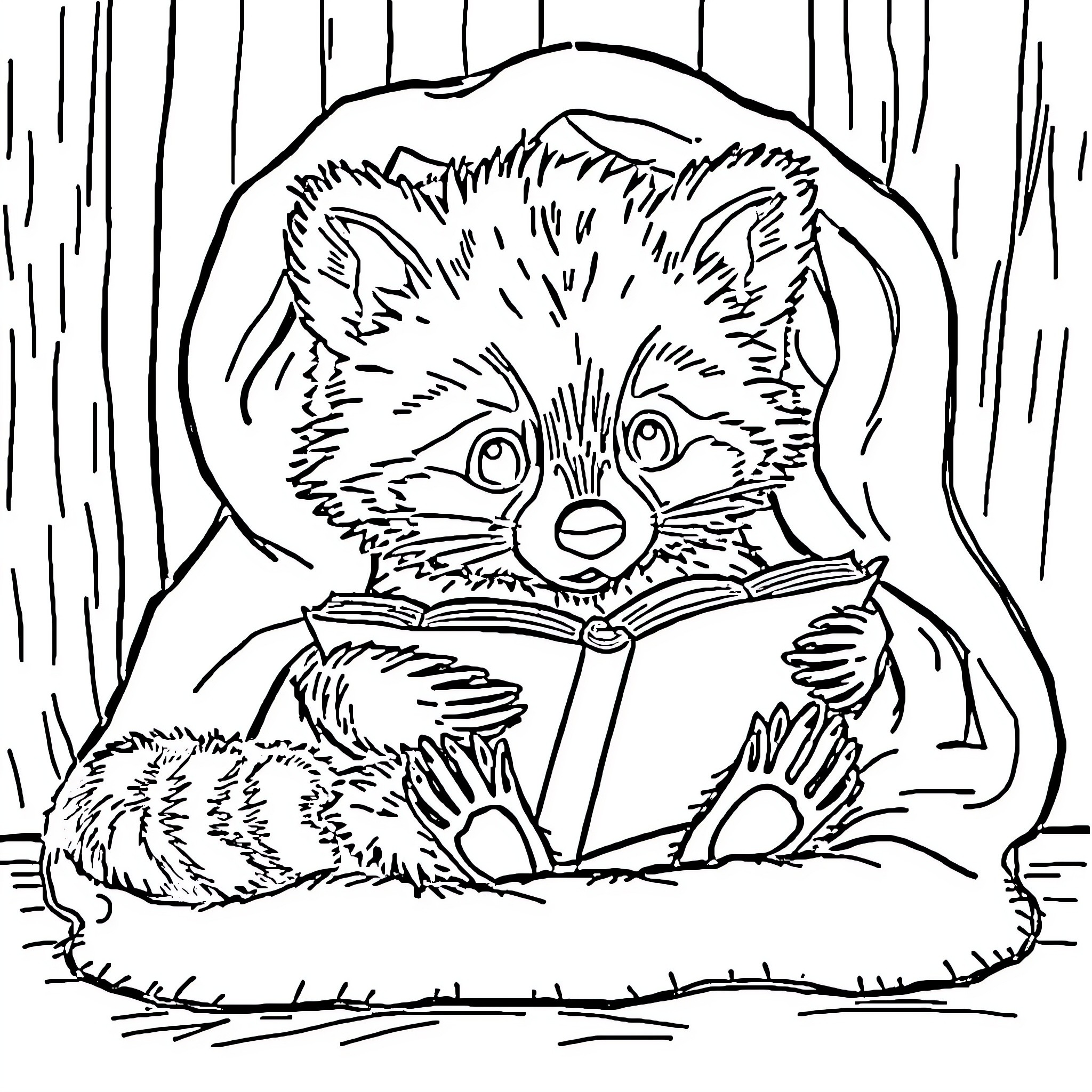 Raccoon reading a book in the forest Coloring Page (free black-and-white line drawing printable PDF for all, from beginners to advanced learners, including children, teens, adults, and seniors)