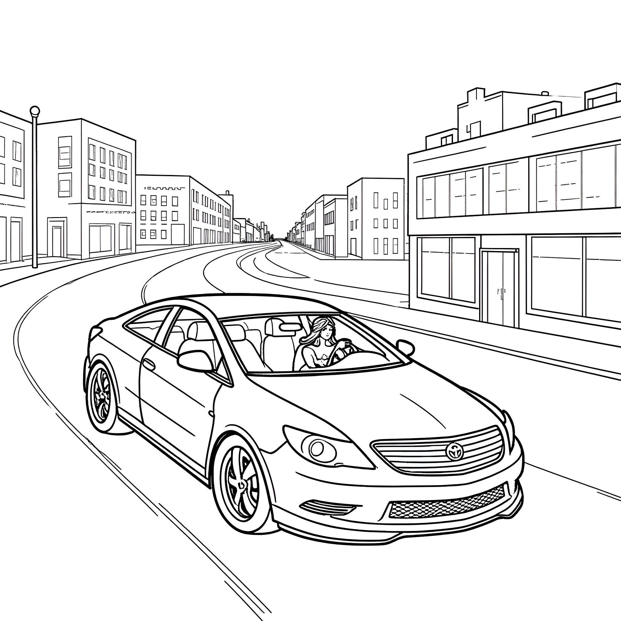 Wonder Woman driving a sports car in the city Coloring Page (free black-and-white line drawing printable PDF for all, from beginners to advanced learners, including children, teens, adults, and seniors)
