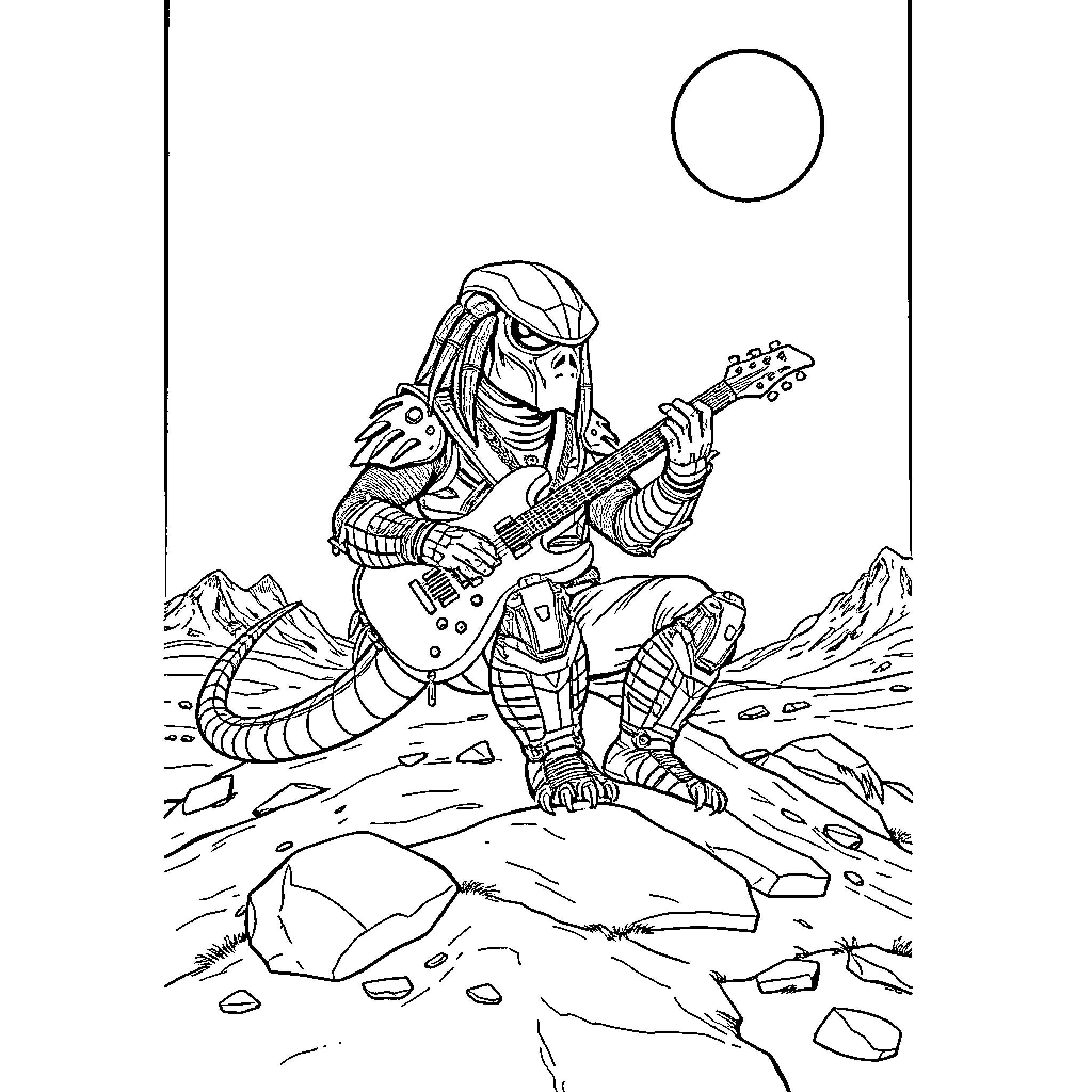 Predator Alien Guitarist Performing on Desolate Landscape Coloring Page (free black-and-white line drawing printable PDF for all, from beginners to advanced learners, including children, teens, adults, and seniors)