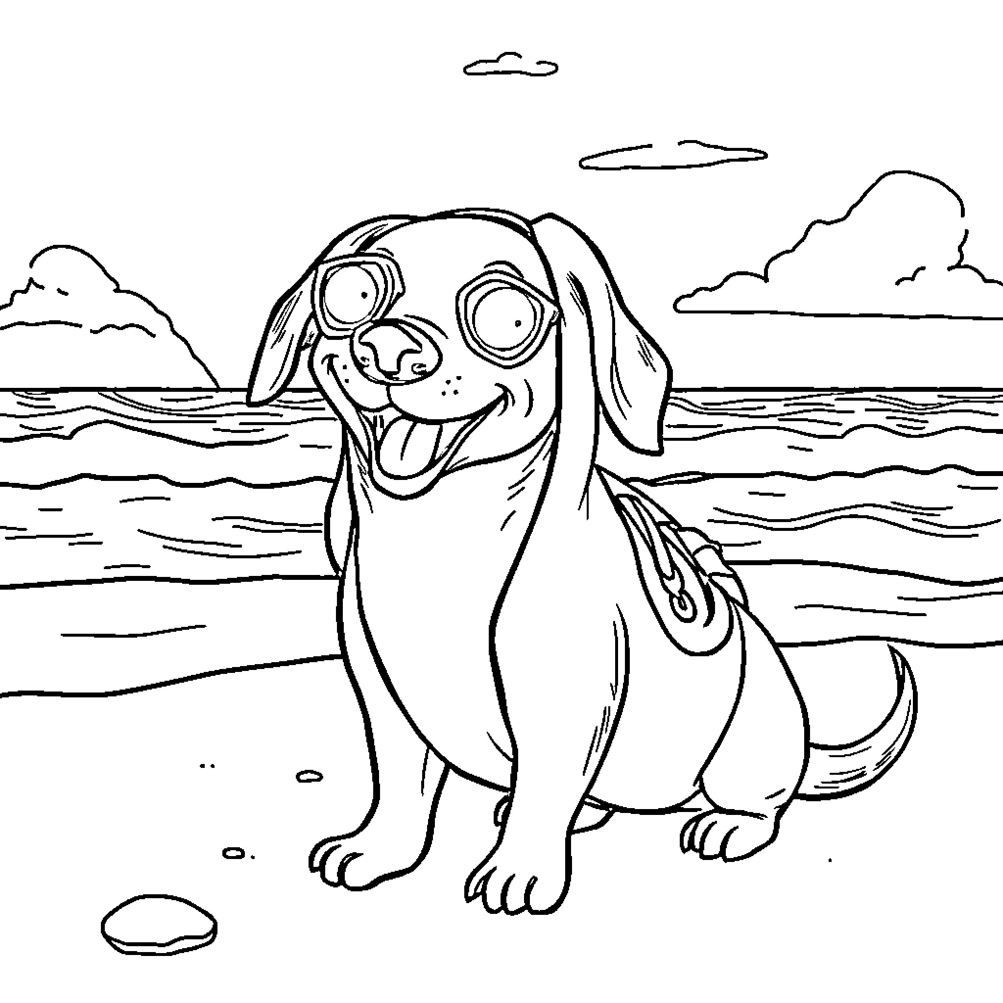 Sausage Dog enjoying a day at the beach Coloring Page (free black-and-white line drawing printable PDF for all, from beginners to advanced learners, including children, teens, adults, and seniors)