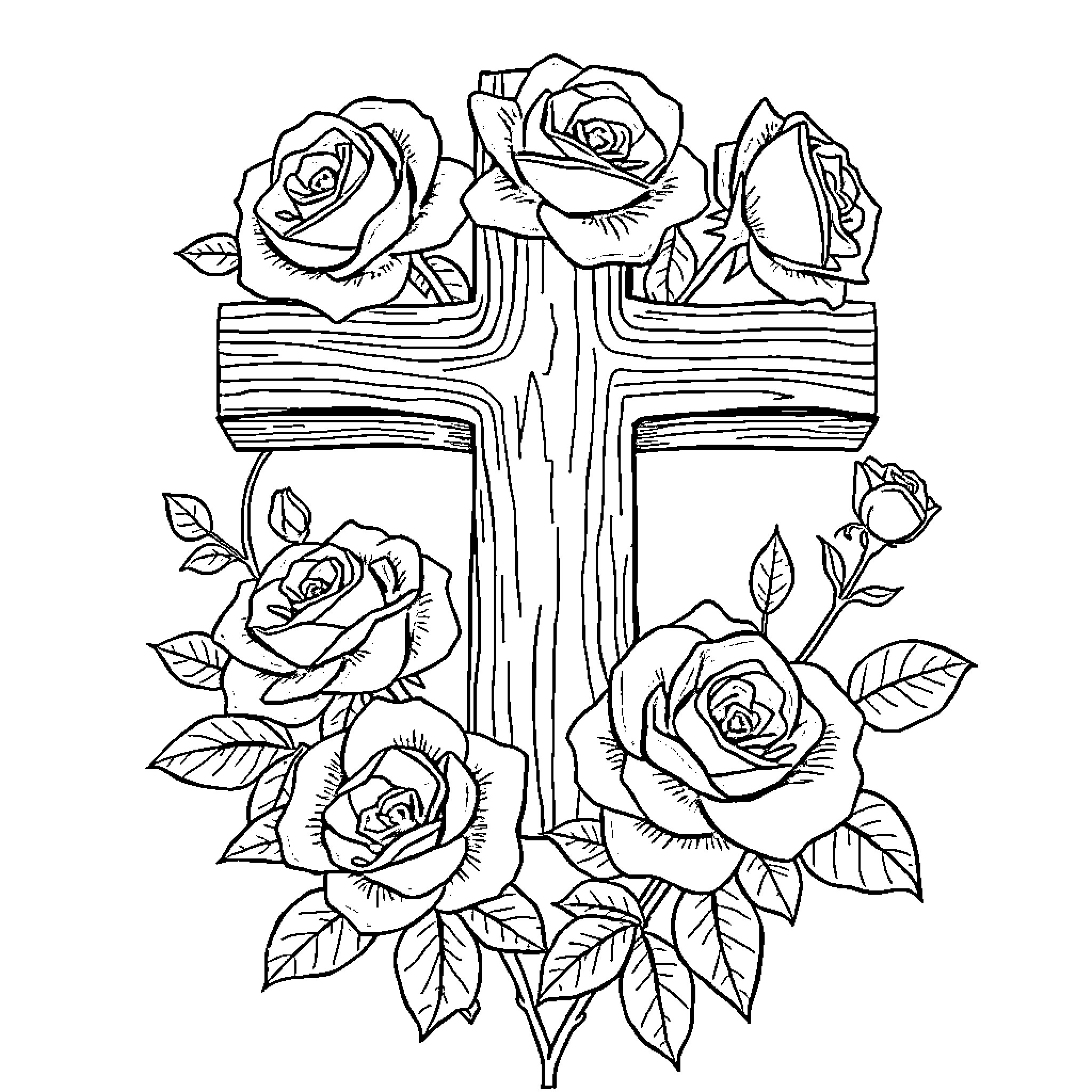 Rose Bouquet Adorning Wooden Cross Coloring Page (free black-and-white line drawing printable PDF for all, from beginners to advanced learners, including children, teens, adults, and seniors)