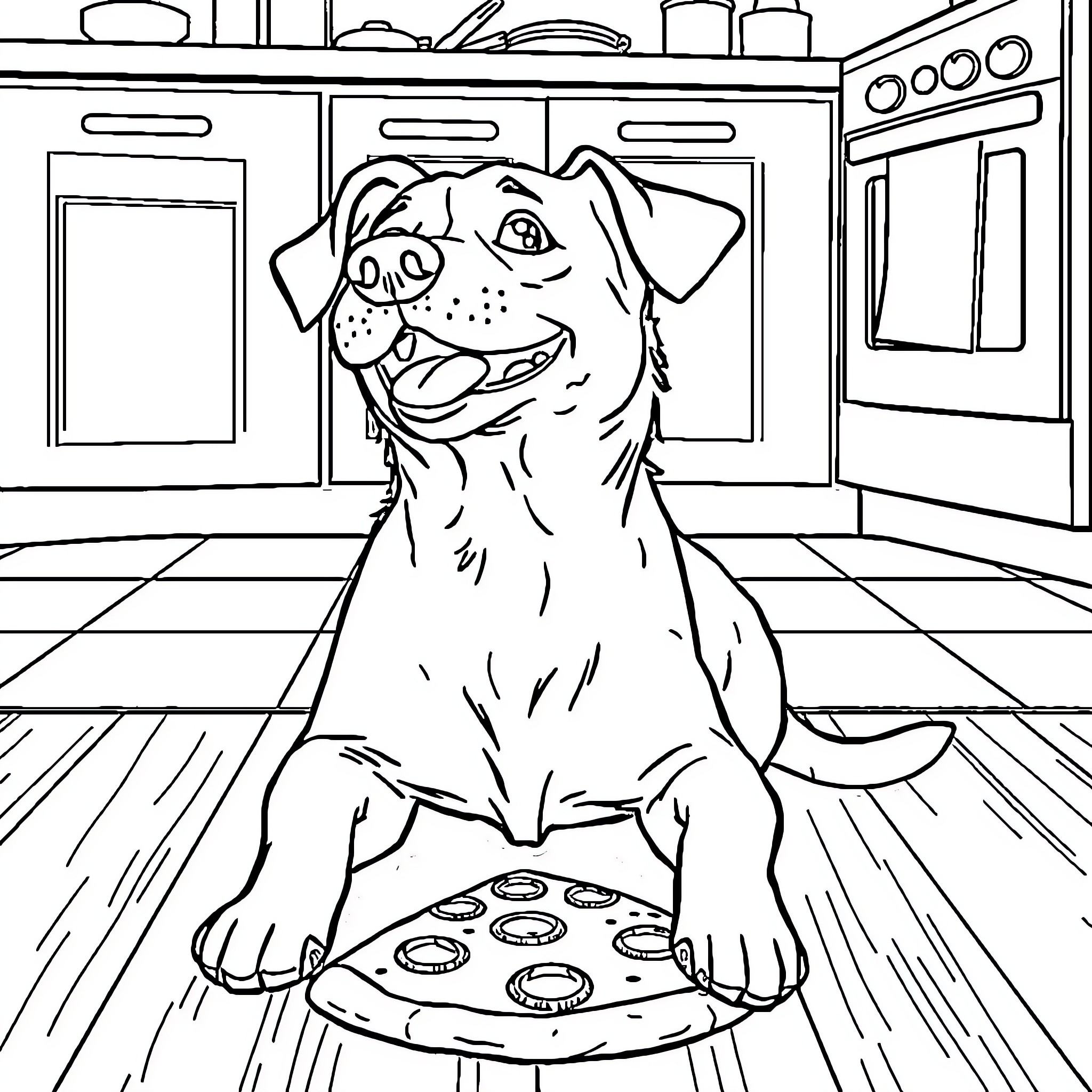 Dog cooking delicious treats in the kitchen Coloring Page (free black-and-white line drawing printable PDF for all, from beginners to advanced learners, including children, teens, adults, and seniors)