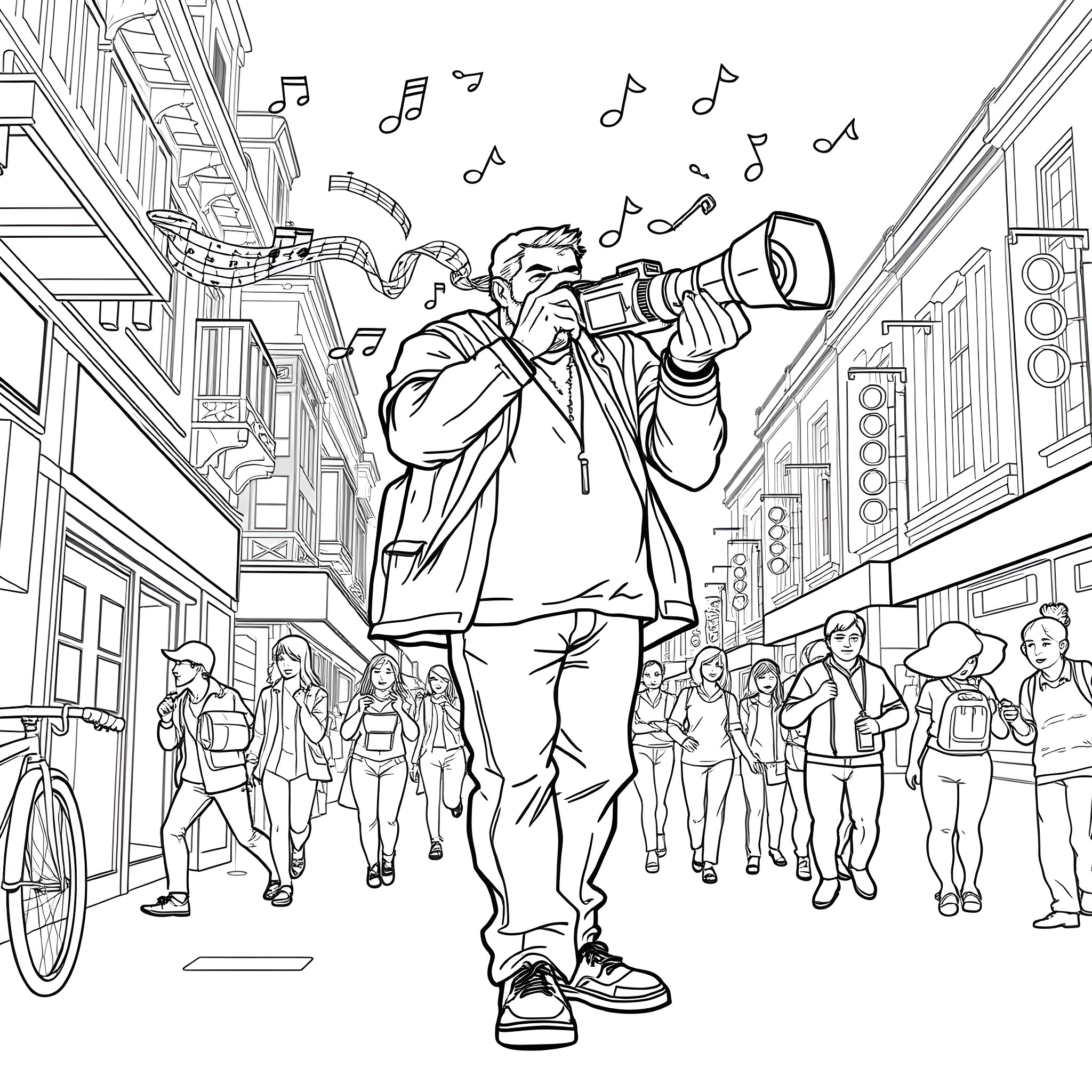 Titan Busker Entertaining the Crowd with Music Coloring Page (free black-and-white line drawing printable PDF for all, from beginners to advanced learners, including children, teens, adults, and seniors)