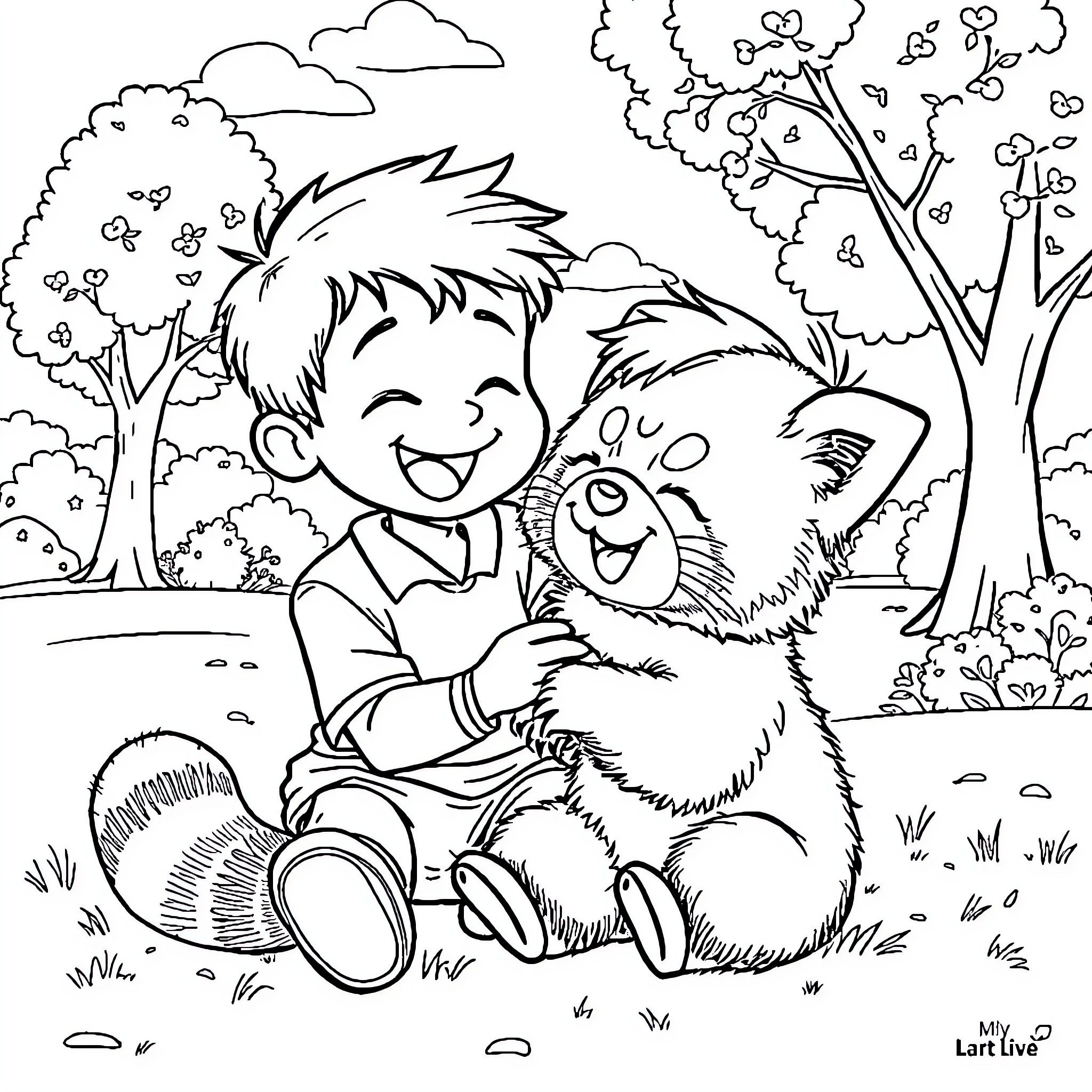 Luca playing happily with his furry friend in the park Coloring Page (free black-and-white line drawing printable PDF for all, from beginners to advanced learners, including children, teens, adults, and seniors)