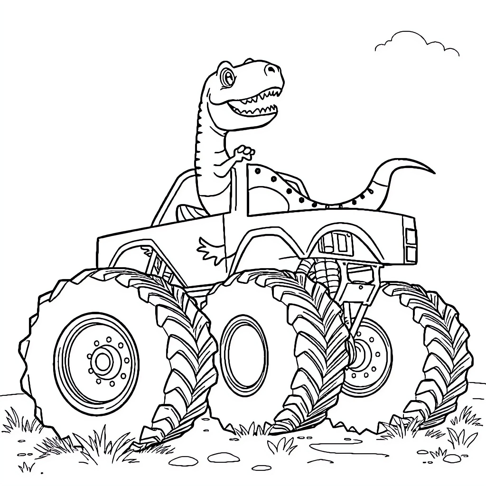 Dinosaur driving a monster truck through the wilderness Coloring Page (free black-and-white line drawing printable PDF for all, from beginners to advanced learners, including children, teens, adults, and seniors)