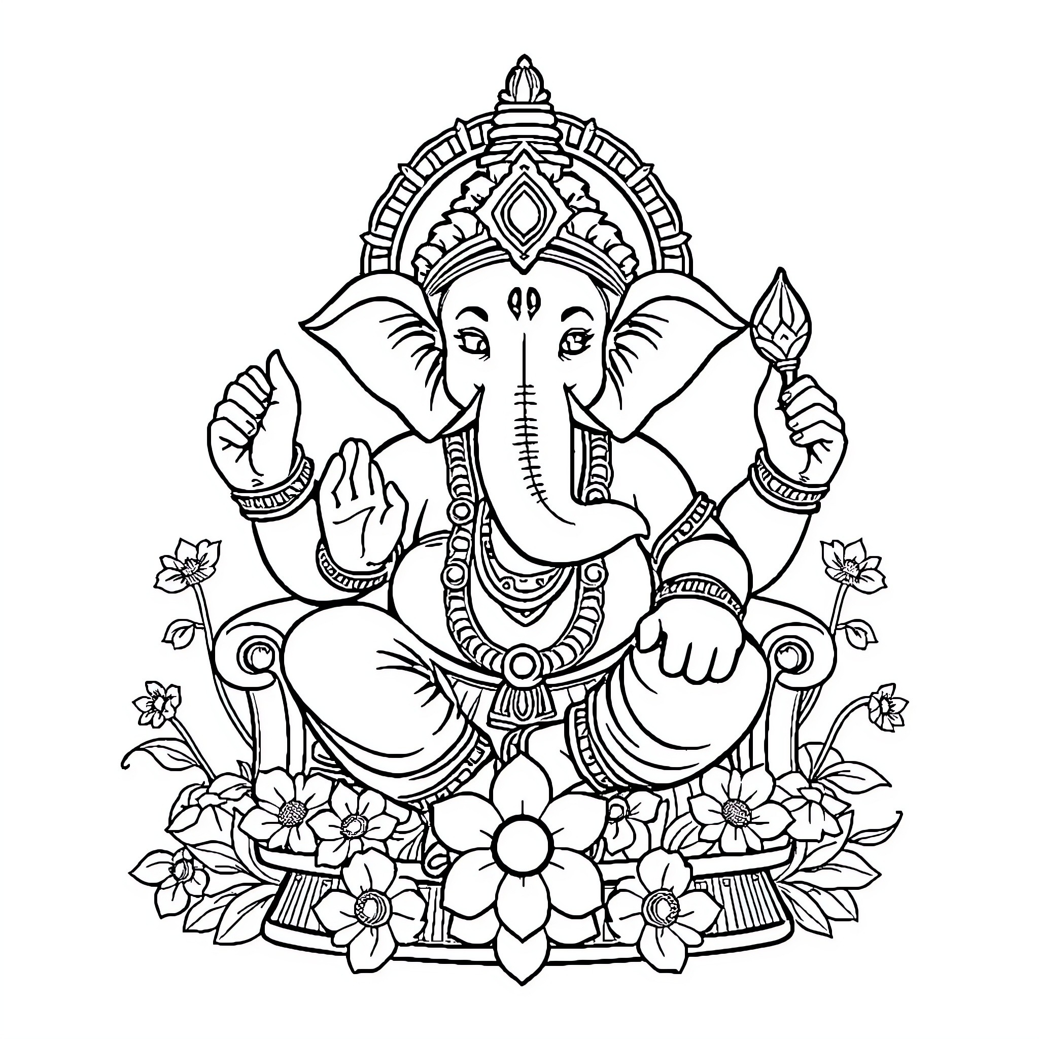 Ganesha Seated Amidst Floral Adornments Coloring Page (free black-and-white line drawing printable PDF for all, from beginners to advanced learners, including children, teens, adults, and seniors)