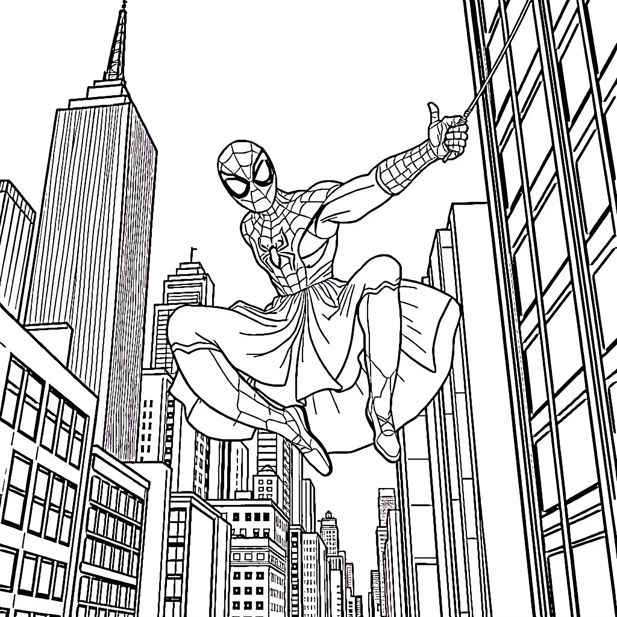 Spiderman swinging through the city with webslinging action Coloring Page (free black-and-white line drawing printable PDF for all, from beginners to advanced learners, including children, teens, adults, and seniors)