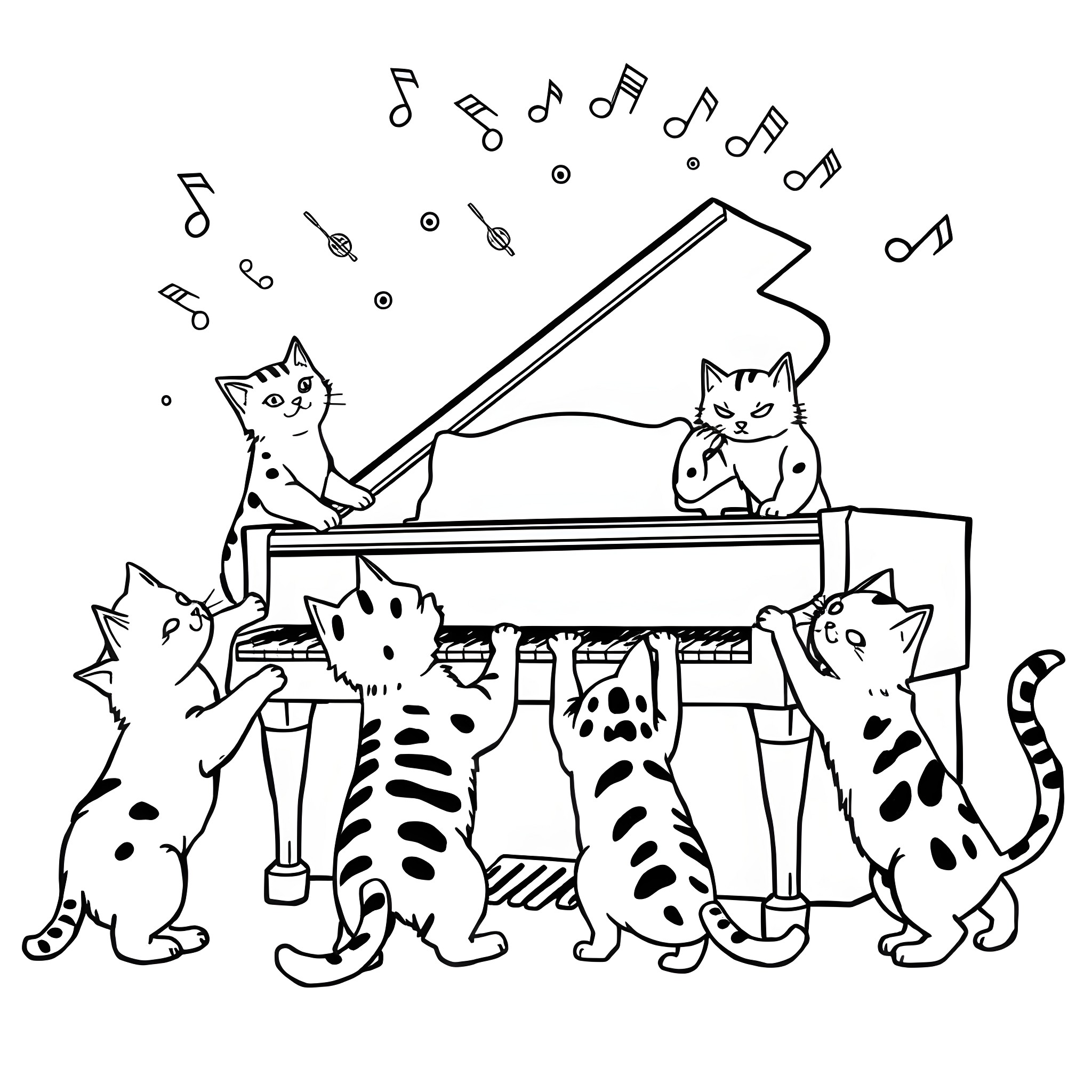 Cats playing musical instruments in a band Coloring Page (free black-and-white line drawing printable PDF for all, from beginners to advanced learners, including children, teens, adults, and seniors)