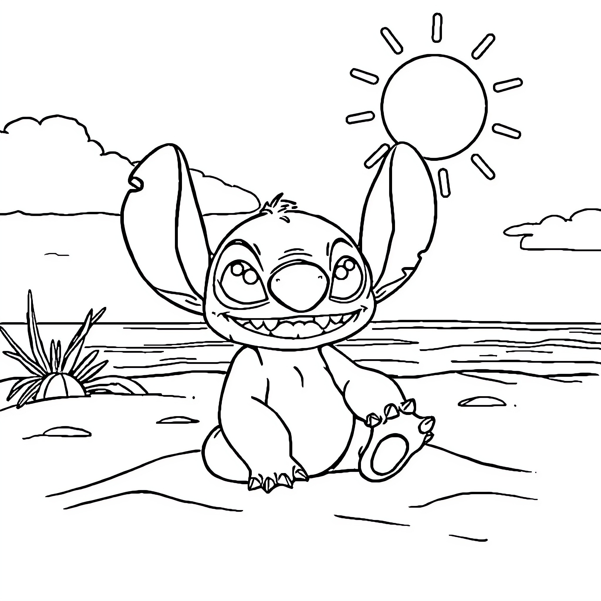 Stitch relaxing on the beach Coloring Page (free black-and-white line drawing printable PDF for all, from beginners to advanced learners, including children, teens, adults, and seniors)