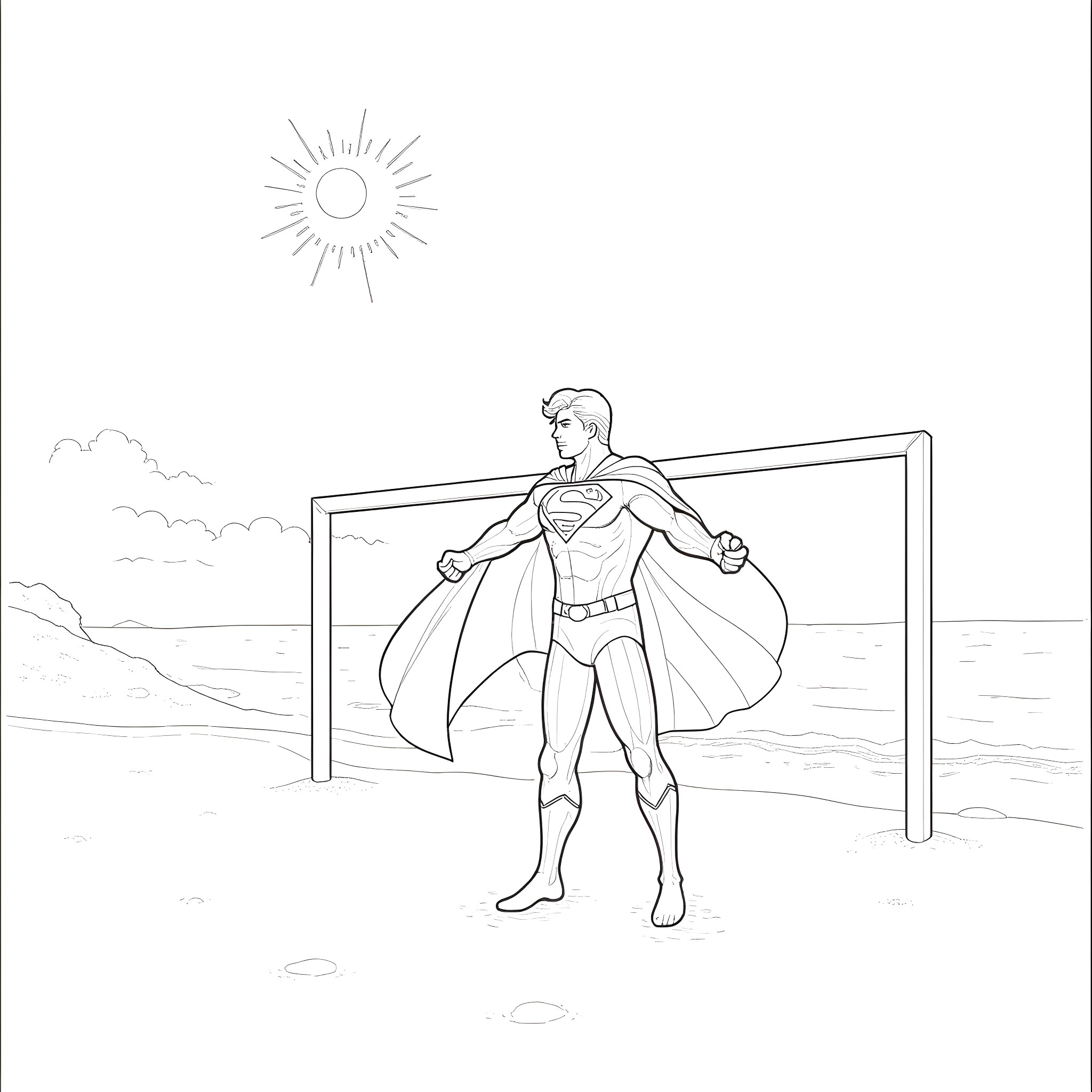 Superman standing heroically in a dramatic scene Coloring Page (free black-and-white line drawing printable PDF for all, from beginners to advanced learners, including children, teens, adults, and seniors)