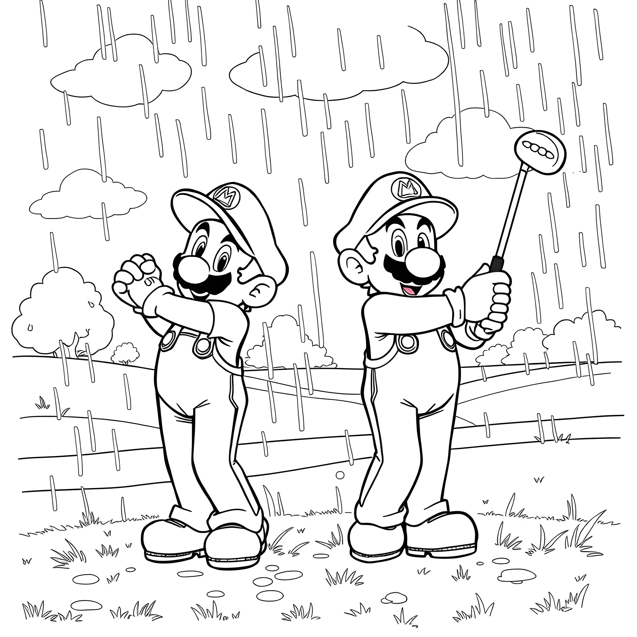 Mario and Luigi exploring the rainy outdoors Coloring Page (free black-and-white line drawing printable PDF for all, from beginners to advanced learners, including children, teens, adults, and seniors)