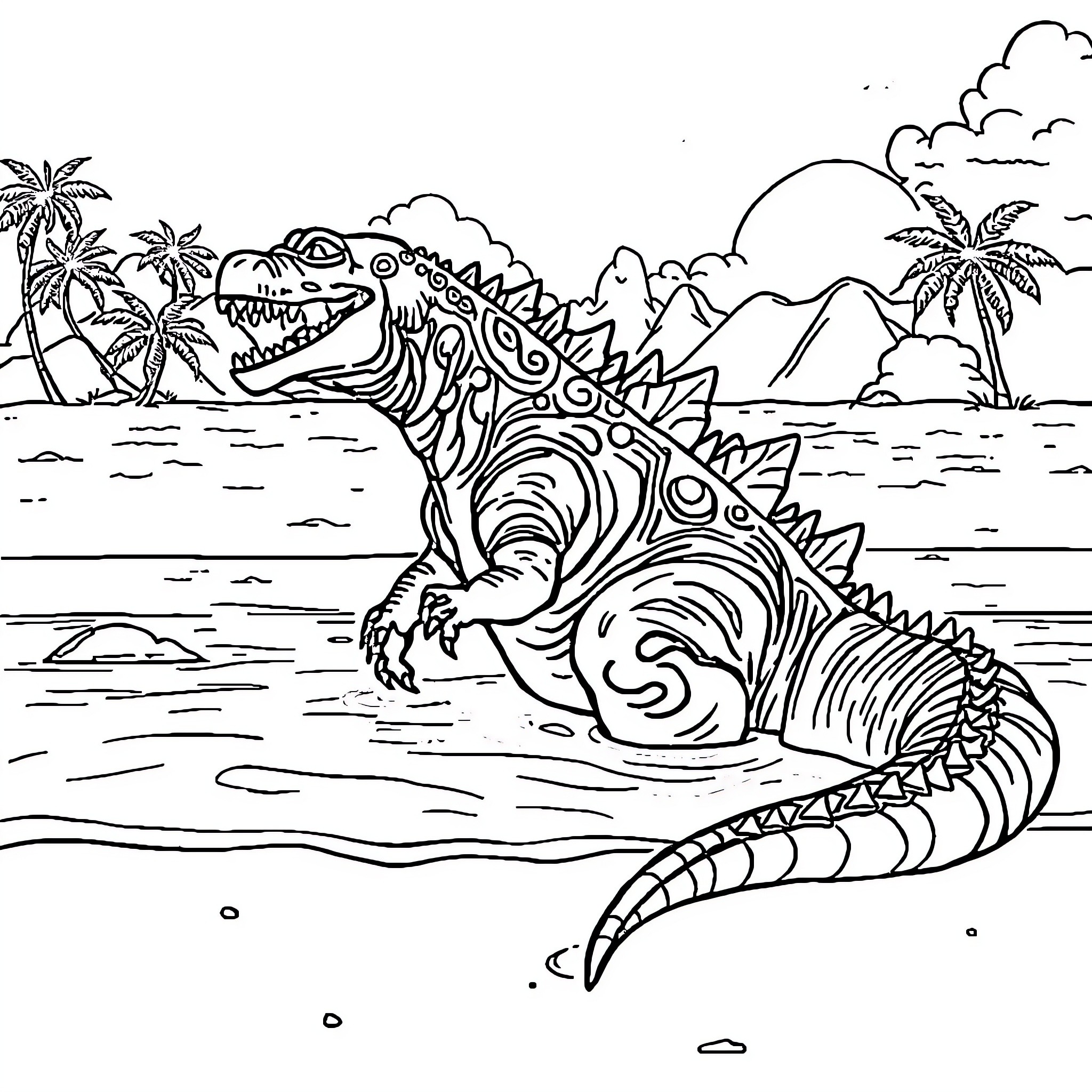 Godzilla attacks exotic tropical island Coloring Page (free black-and-white line drawing printable PDF for all, from beginners to advanced learners, including children, teens, adults, and seniors)