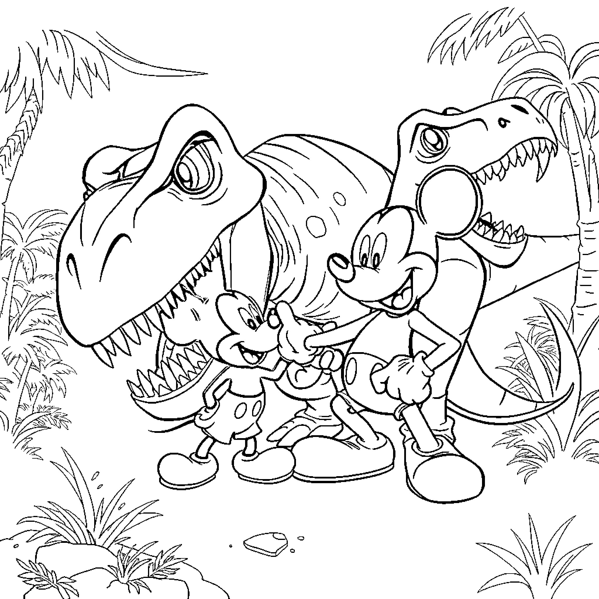 Mickey Mouse exploring the prehistoric world Coloring Page (free black-and-white line drawing printable PDF for all, from beginners to advanced learners, including children, teens, adults, and seniors)