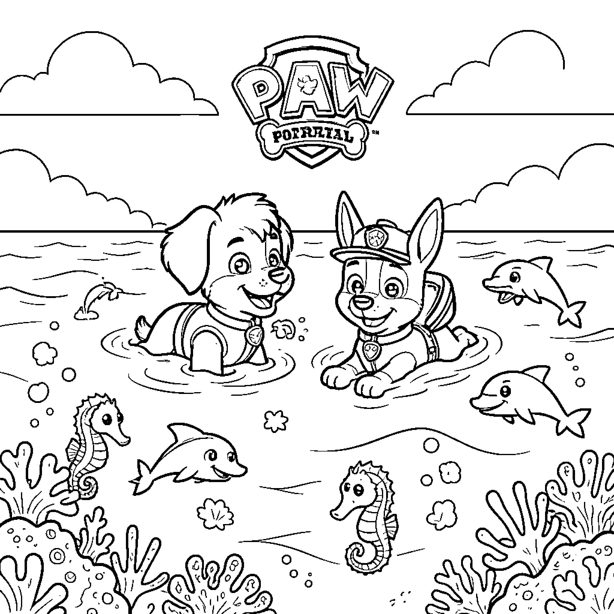 Paw Patrol pups swimming happily in the ocean Coloring Page (free black-and-white line drawing printable PDF for all, from beginners to advanced learners, including children, teens, adults, and seniors)