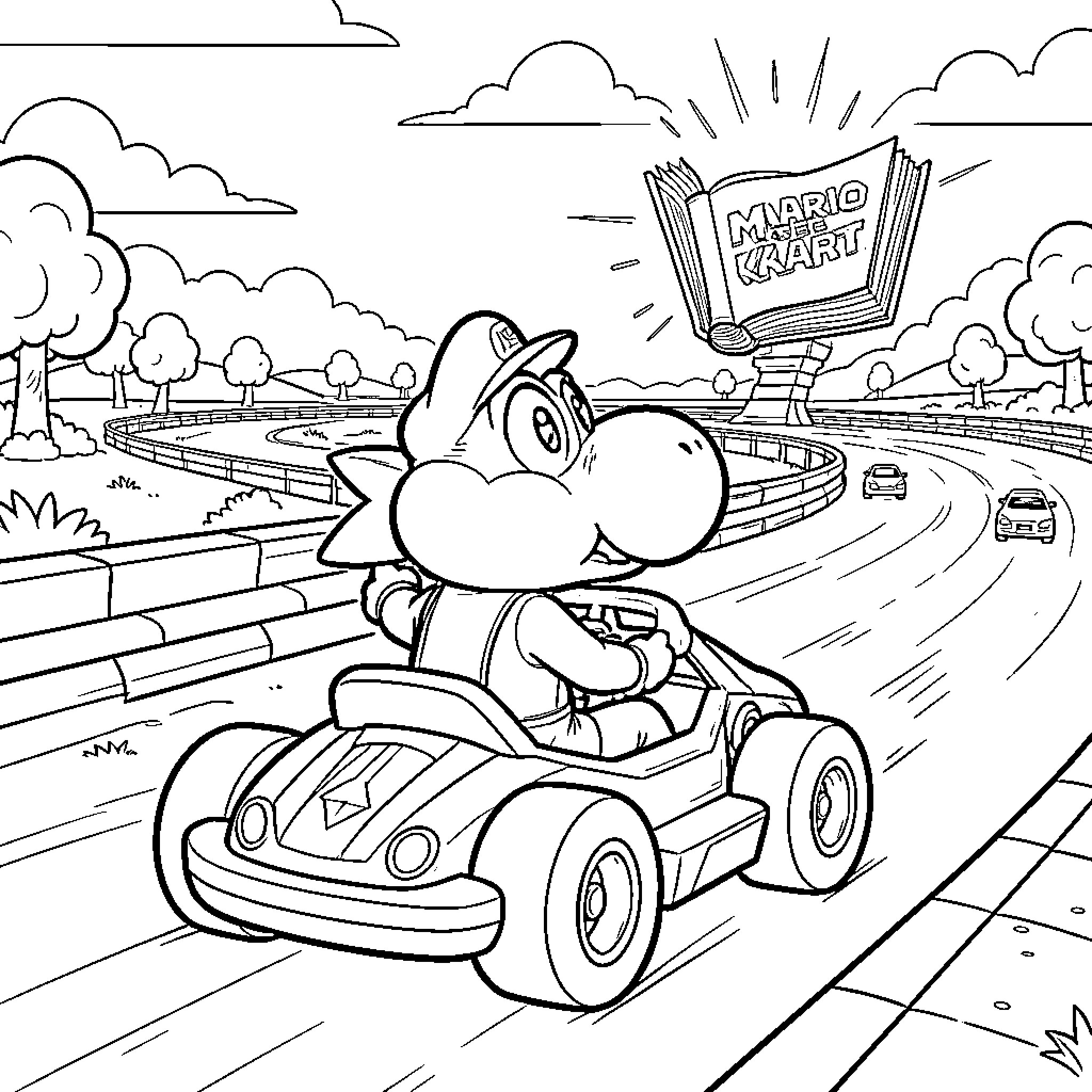 Yoshi's Thrilling Kart Race on the Road to Adventure Coloring Page (free black-and-white line drawing printable PDF for all, from beginners to advanced learners, including children, teens, adults, and seniors)