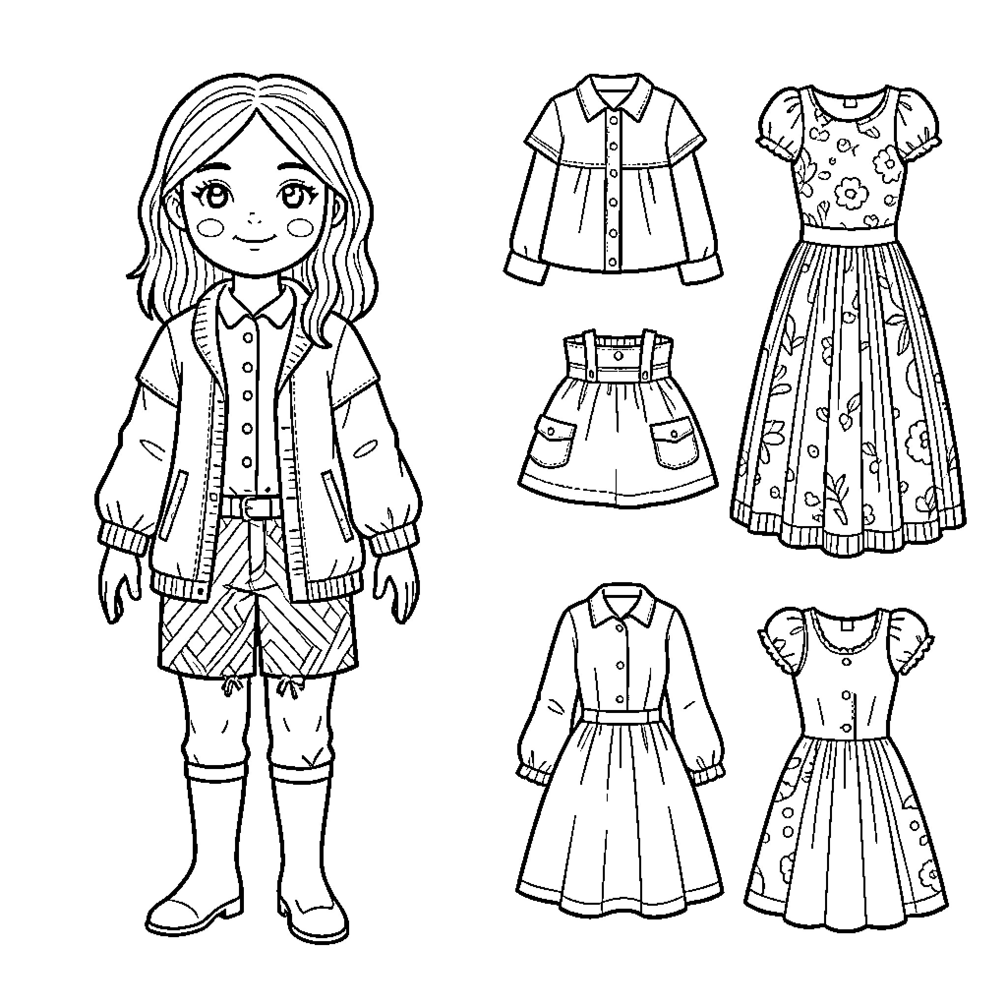 Paper Doll with various stylish outfits and dresses Coloring Page (free black-and-white line drawing printable PDF for all, from beginners to advanced learners, including children, teens, adults, and seniors)