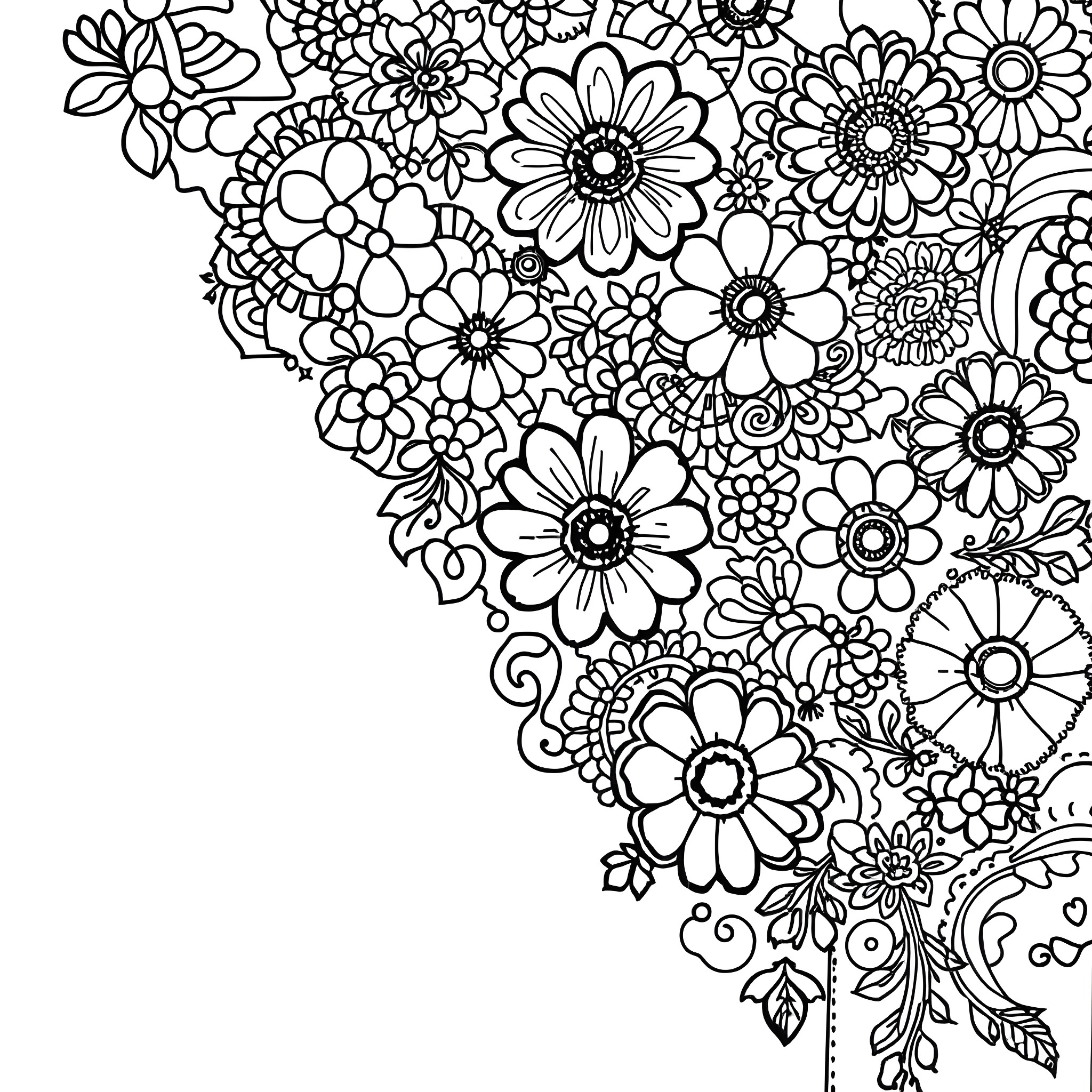 Patchwork of Floral Blossoms Coloring Page (free black-and-white line drawing printable PDF for all, from beginners to advanced learners, including children, teens, adults, and seniors)