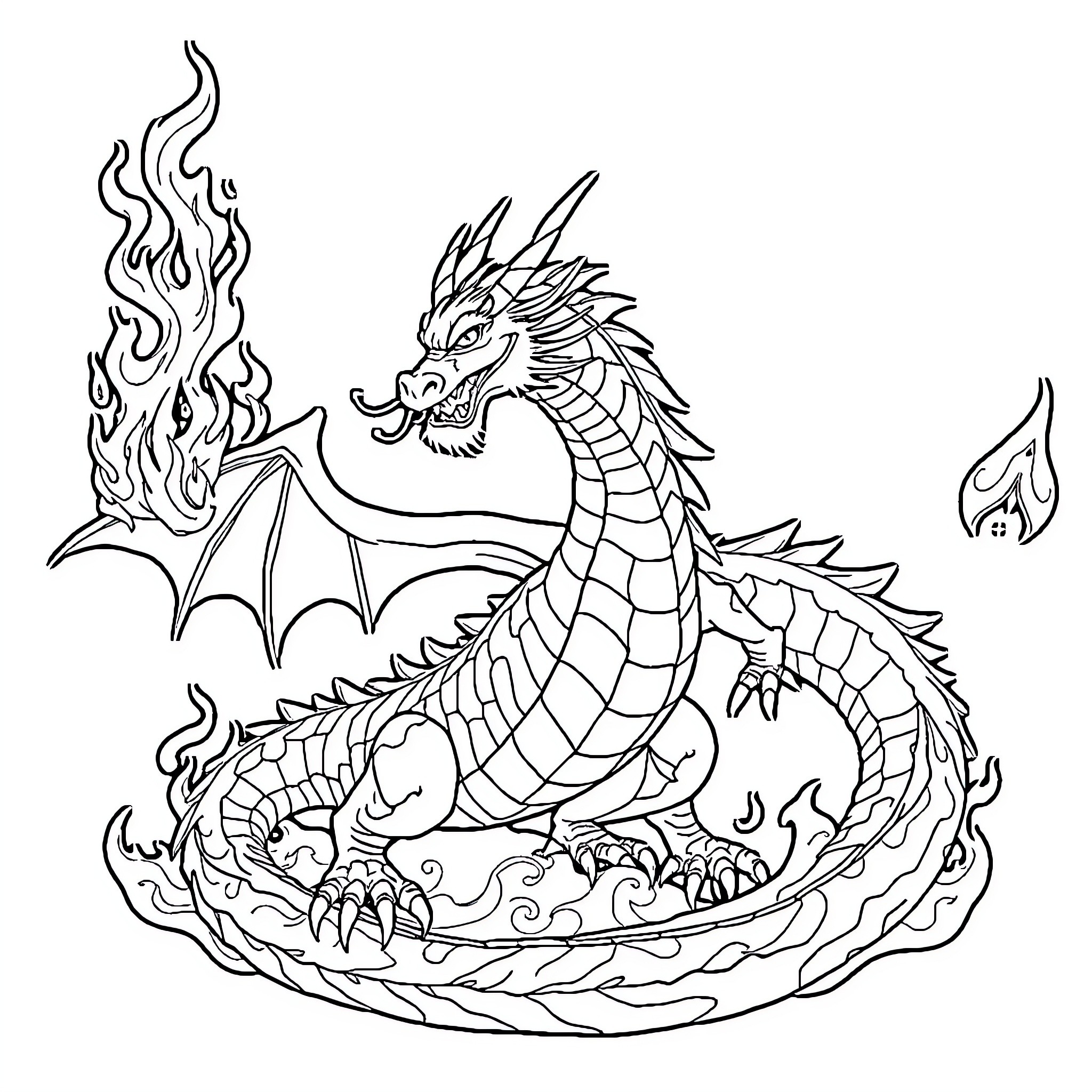 Dragon guarding its fiery treasure hoard Coloring Page (free black-and-white line drawing printable PDF for all, from beginners to advanced learners, including children, teens, adults, and seniors)
