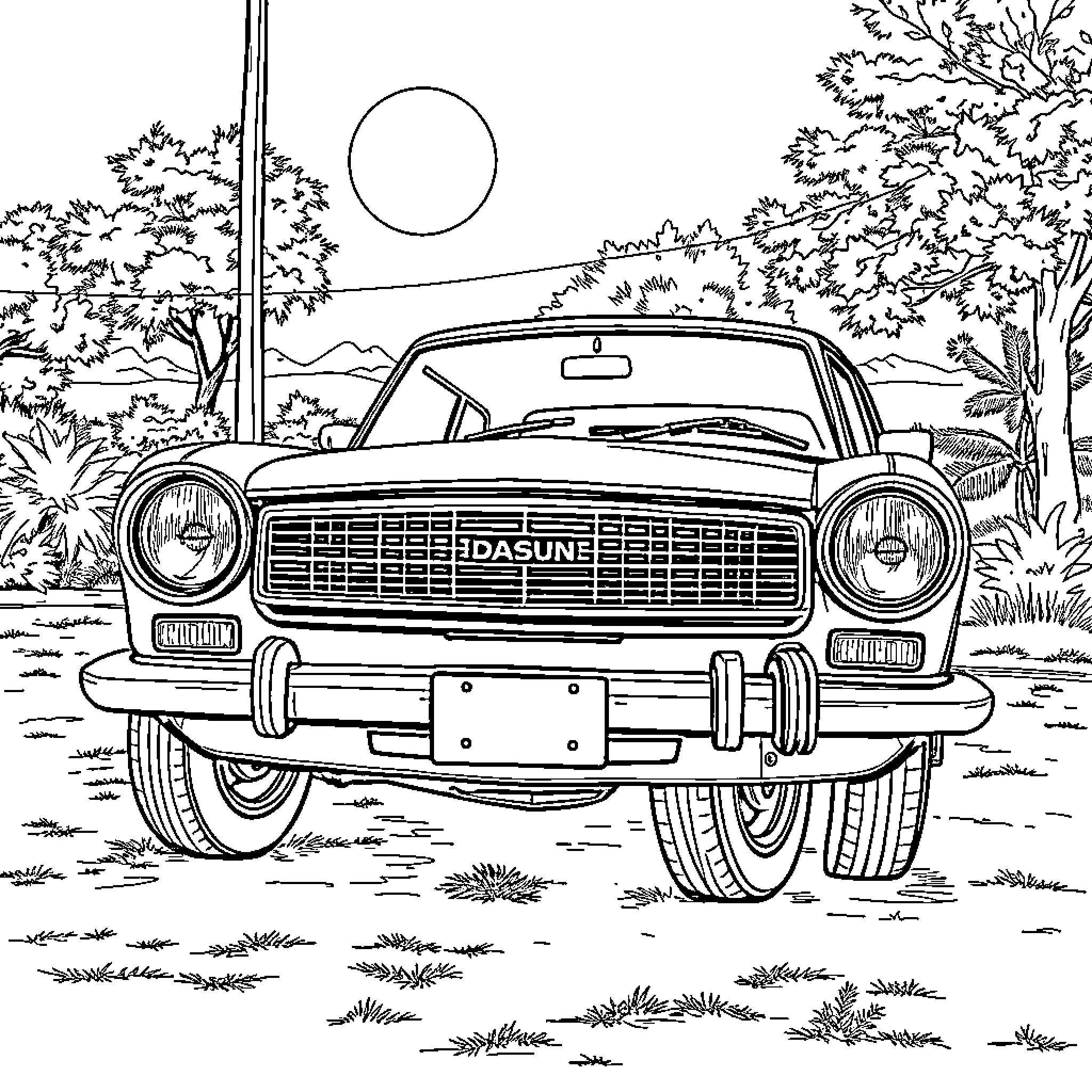Datsun classic car in lush natural setting Coloring Page (free black-and-white line drawing printable PDF for all, from beginners to advanced learners, including children, teens, adults, and seniors)