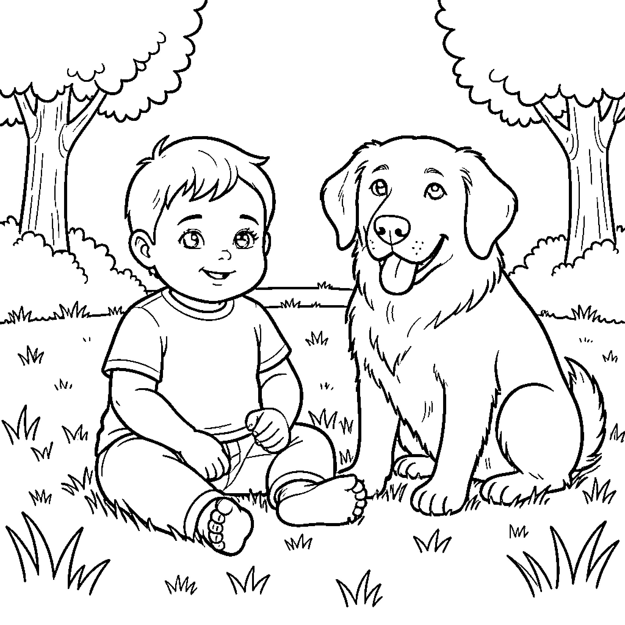 Baby sitting happily next to a friendly dog Coloring Page (free black-and-white line drawing printable PDF for all, from beginners to advanced learners, including children, teens, adults, and seniors)