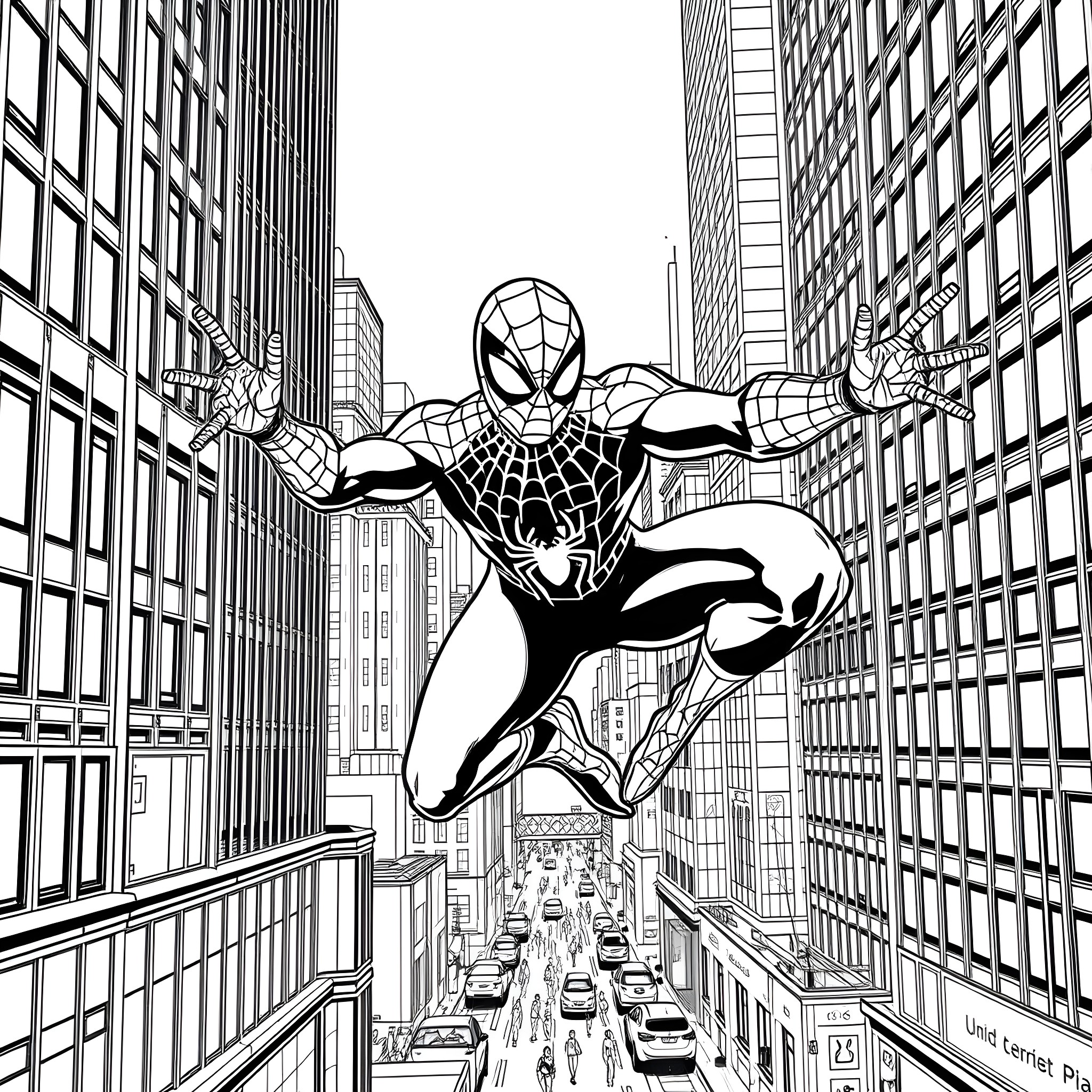 Spiderman swinging through the city skyline Coloring Page (free black-and-white line drawing printable PDF for all, from beginners to advanced learners, including children, teens, adults, and seniors)