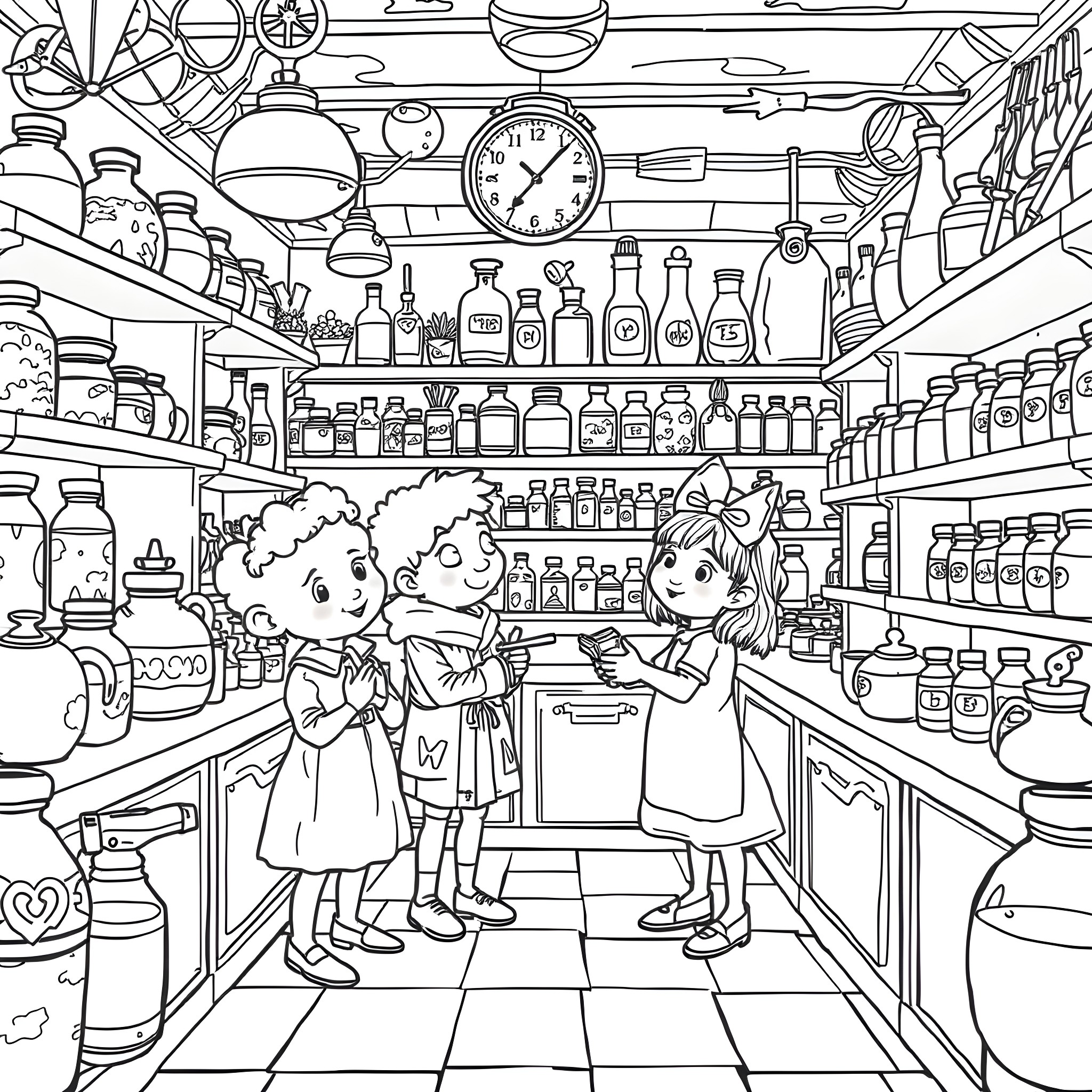 Bogyó és Babóca in a Cozy Grocery Store Coloring Page (free black-and-white line drawing printable PDF for all, from beginners to advanced learners, including children, teens, adults, and seniors)